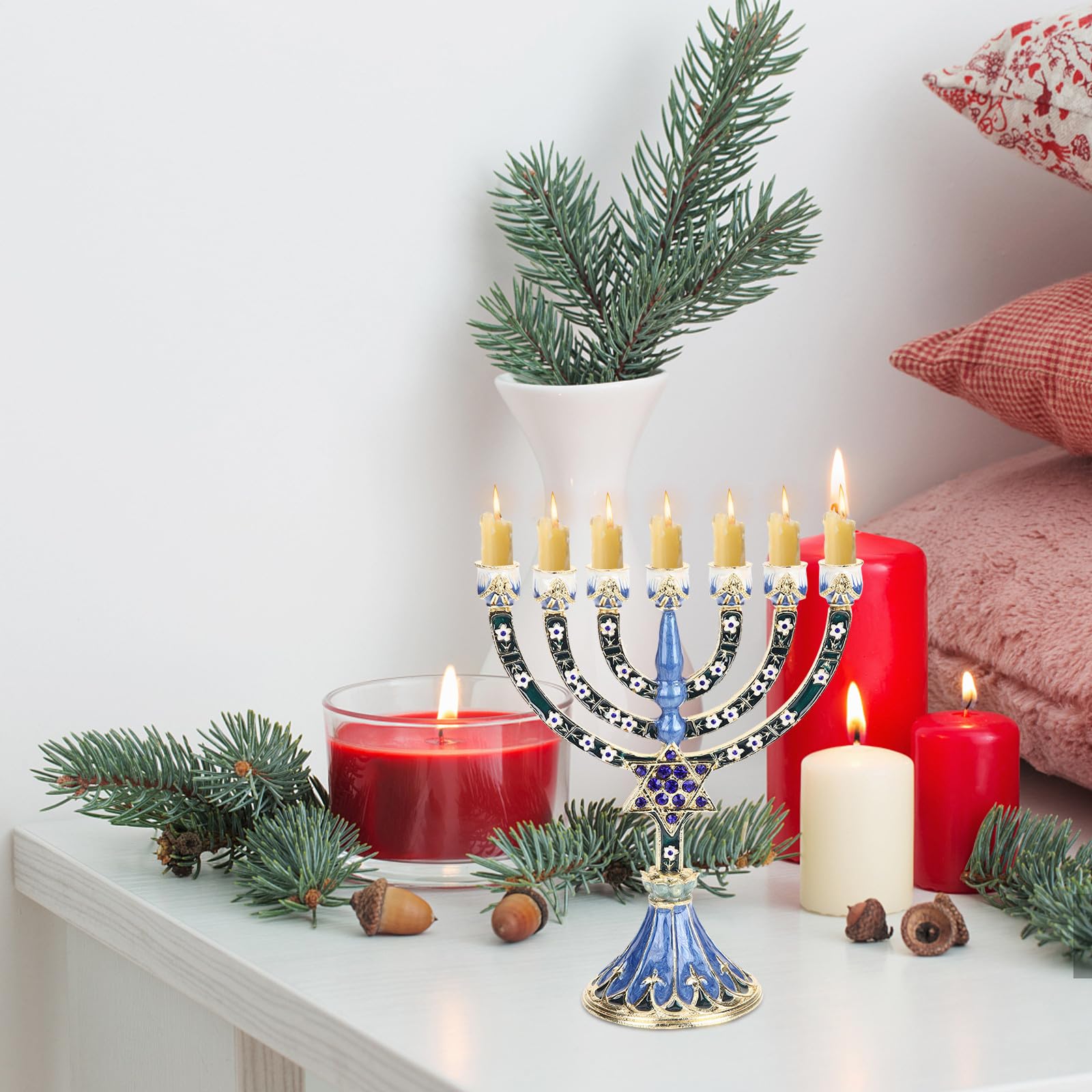Candelabro Judío de 7 Brazos de Aleación Azul Retro | Estilo Religioso, Efecto Decorativo y Uso Prolongado, para Salón y Fiestas