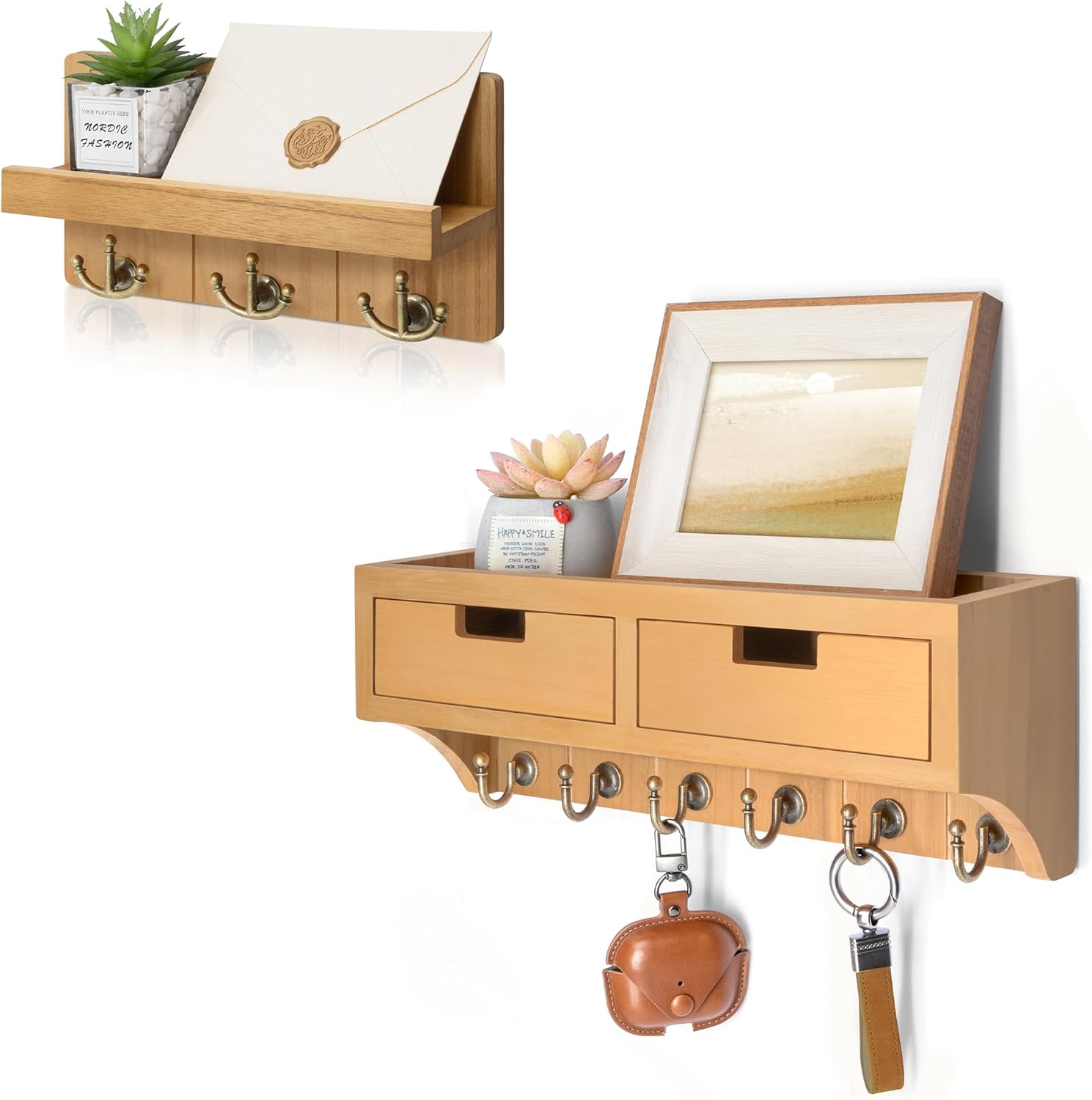 Rebee Vision Modern Farmhouse Key Holder Wall Mount Set - Key Organizer with Drawer Organizer and Mail Holder - Rustic Home Decor for Entryway and Hallway (Light Brown)