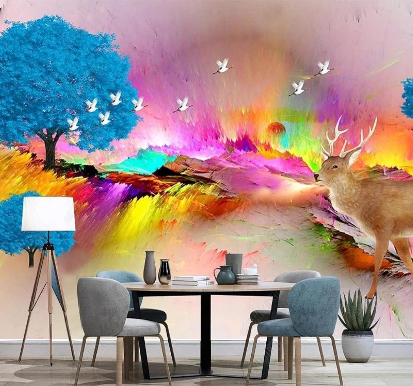 XLMING Aesthetics Northern Lights Reindeer Trees Birds 3D Wallpaper Premium Textured Silk Study Dining Living Room Bedroom Sofa TV Wall Easy Install-400cm×280cm