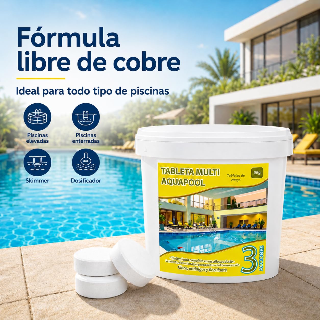 Pastillas de Cloro multifunción 200 Gramos 3 acciones 5 KG - Apto para Liner no Contiene Cobre