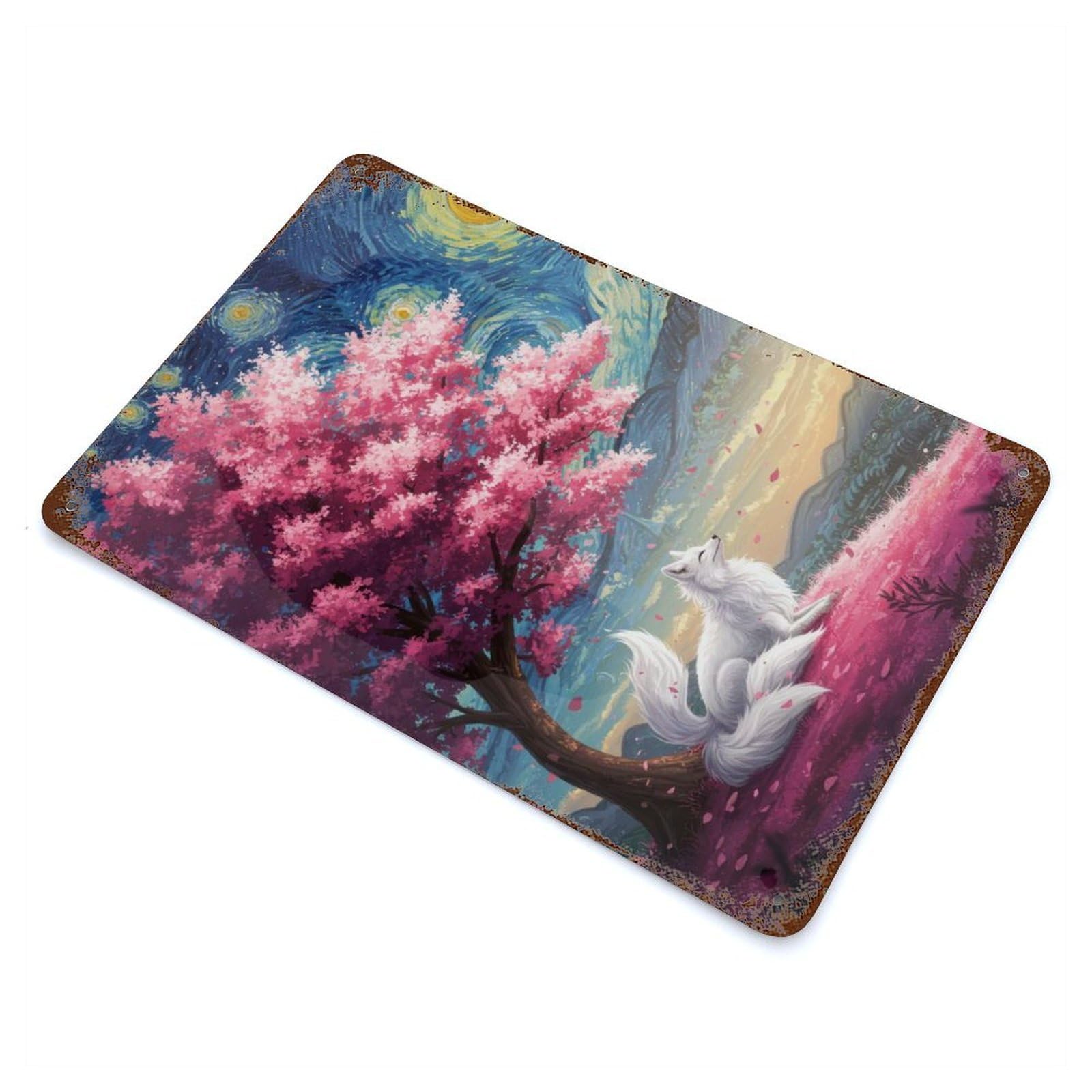 Retro Metal Sign with Fox Under Cherry Blossom Tree Painting Design 11.8"x7.9", for Living Room, Hallway And Home Decor, Farmhouse Wall Decor