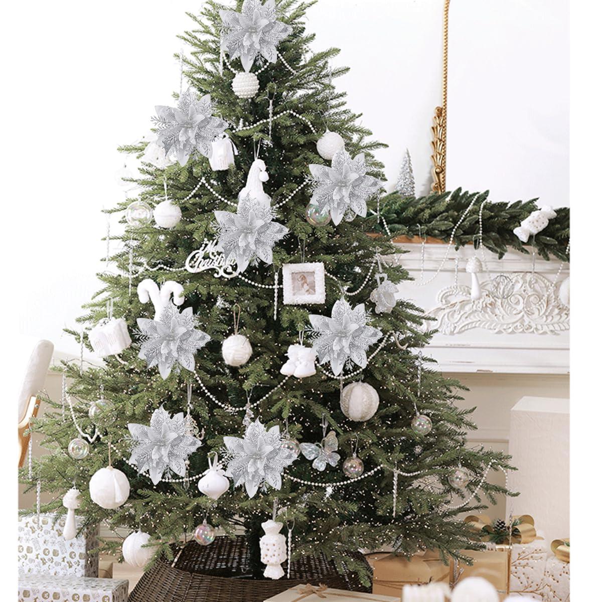 Leixi 12Pcs Poinsettia Flower Artificial Pointsettia with Clips Christmas Decor Glitter Poinsettia Christmas Ornaments Tree Flower Decor with Stems DIY Xmas Wreath Holiday Party Decor (Sliver) - Image 4