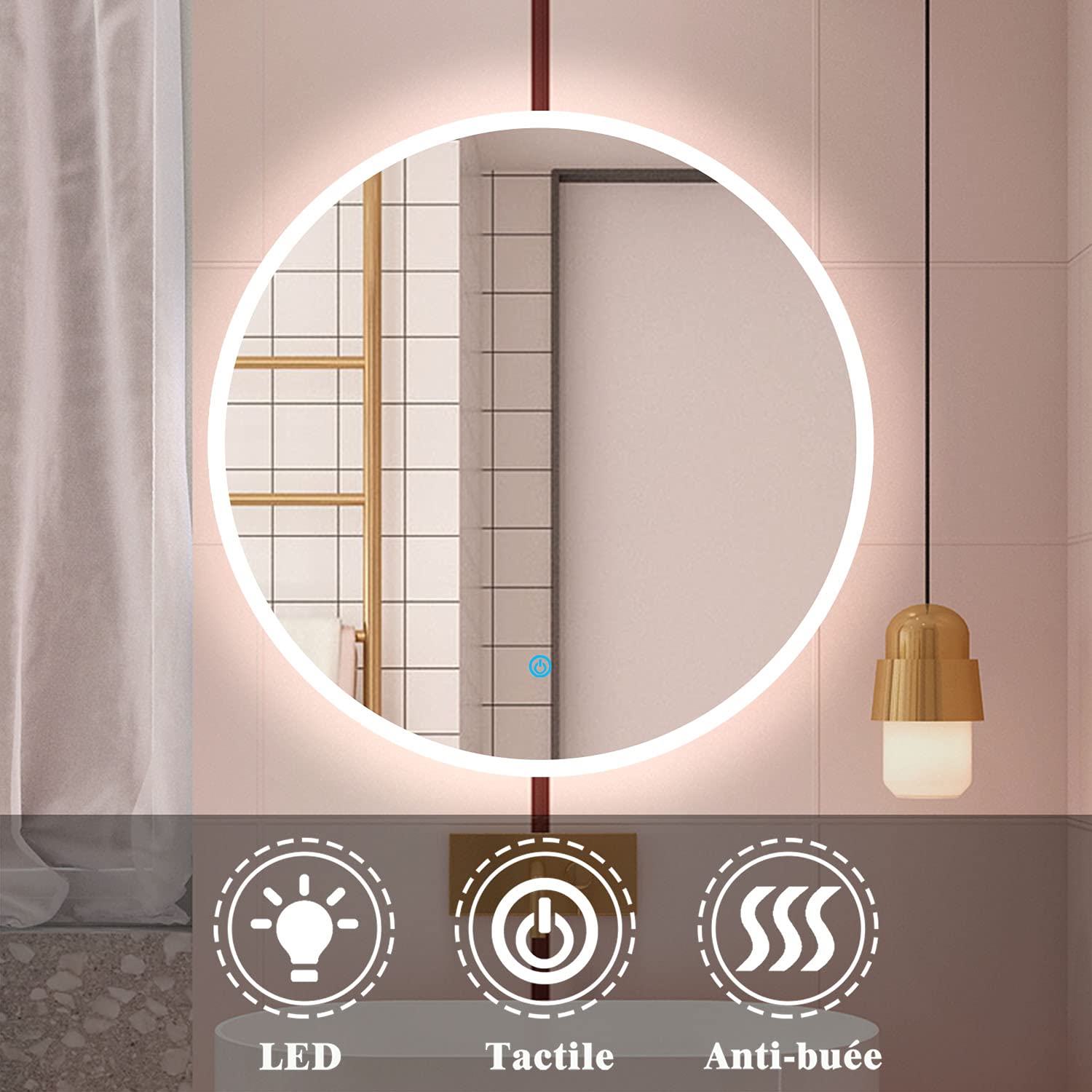 Okrągłe lustro łazienkowe 80 cm z przeciwmgielnym światłem LED (zimna biel 6000 K) przełącznik dotykowy – nowoczesne naścienne lustro kosmetyczne do dekoracji domu i rutyny kosmetycznej