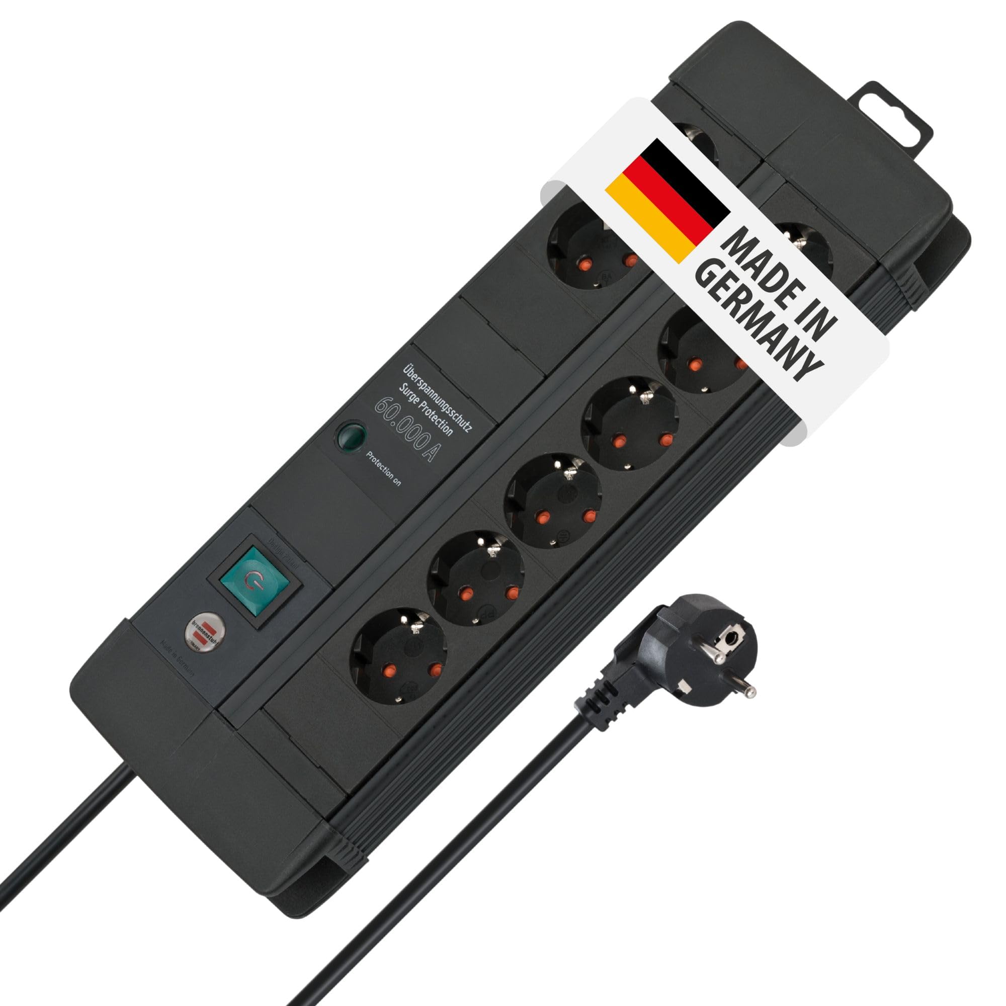 Brennenstuhl Premium-Line Duo regleta enchufes de 8 Tomas con protección contra sobretensiones (Cable de 3 m, Interruptor, protección hasta 60.000 A, Fabricado en Alemania) Negro