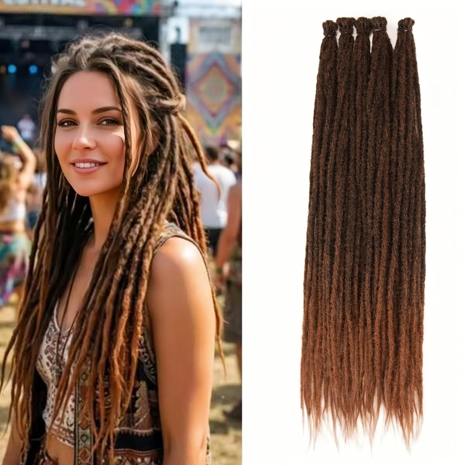 24 Inch 50 Strands Dreadlock Extensions, Black to Dark Brown 0.6cm Thin Synthetic Single-End Crochet Dreads, Handmade Reggae Style Dreadlock for Women#1B/30
