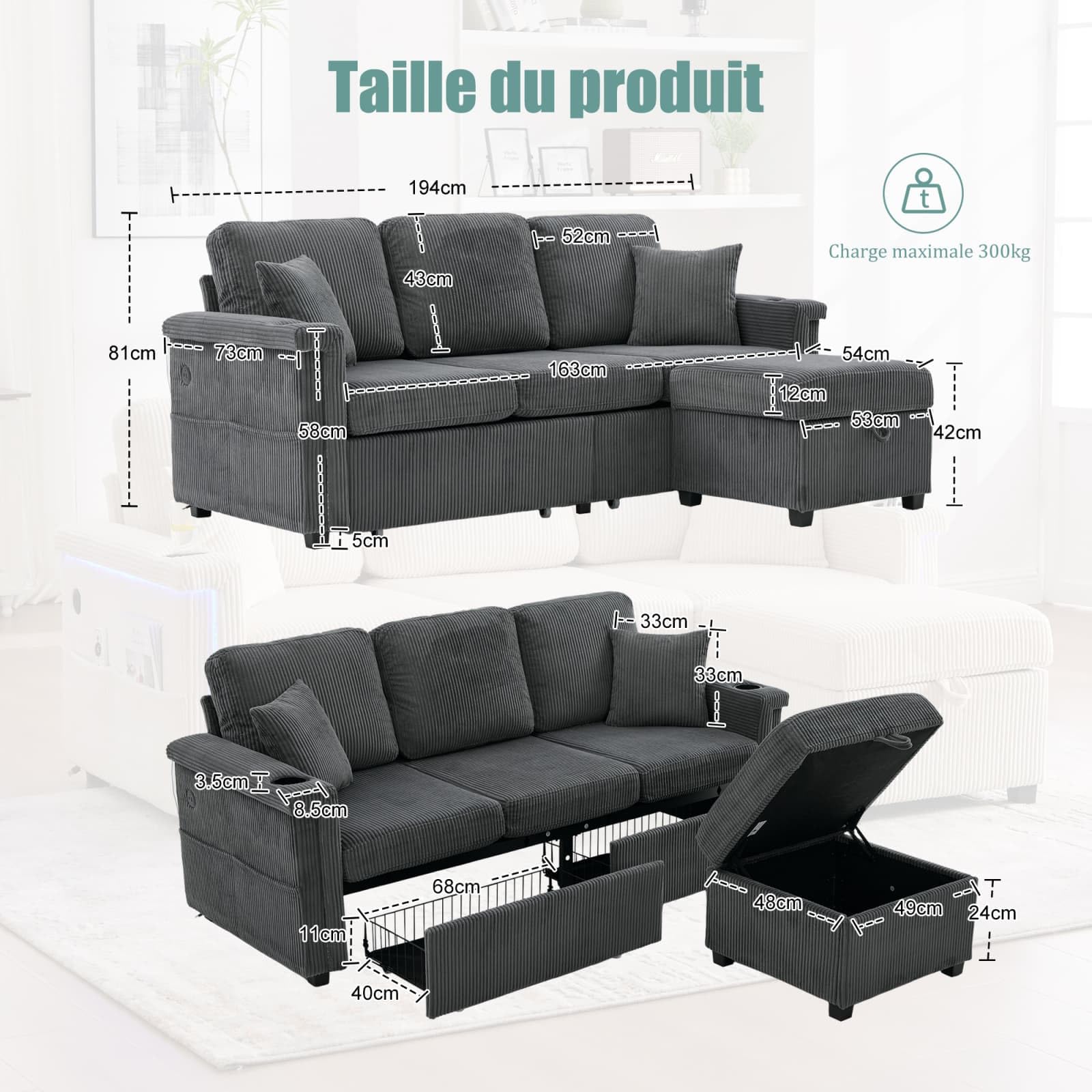 KOMHTOM Canapé 3 Places en L avec 2 Ttiroirs, Tabouret de Rangement, Lampe LED, Port USB/Type-C et Cadre en Bois - Canapé Velours Côtelé Multifonctionnel (Gris foncé, B)