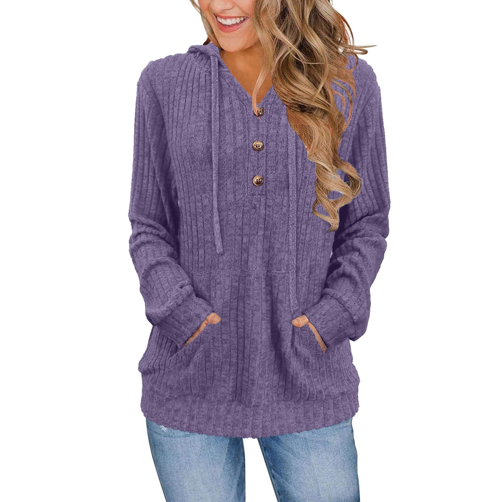 Sweater for Women Hoodies V Neck Long Sleeve Ribbed Knit Shirts Fall Winter Outfits Pullover with Pocket