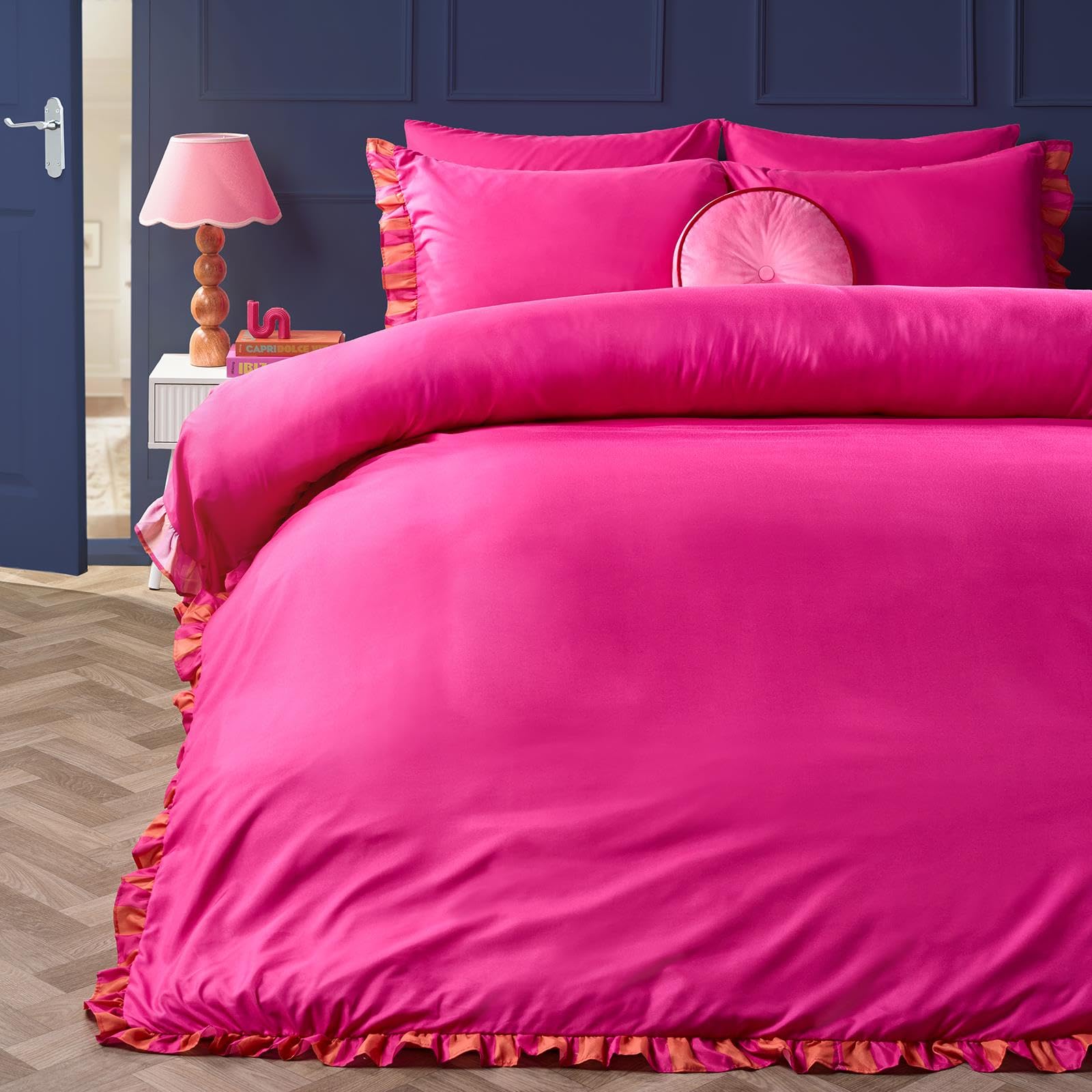 Ohs Women's Hot Pink/Orange King Size Bedding Quilt Cover Set, Gifts For Super Soft Cosy Warm Microfibre King Size Duvet Cover Set With Stylish Frill Edge Modern Bedding With Pillowcases,