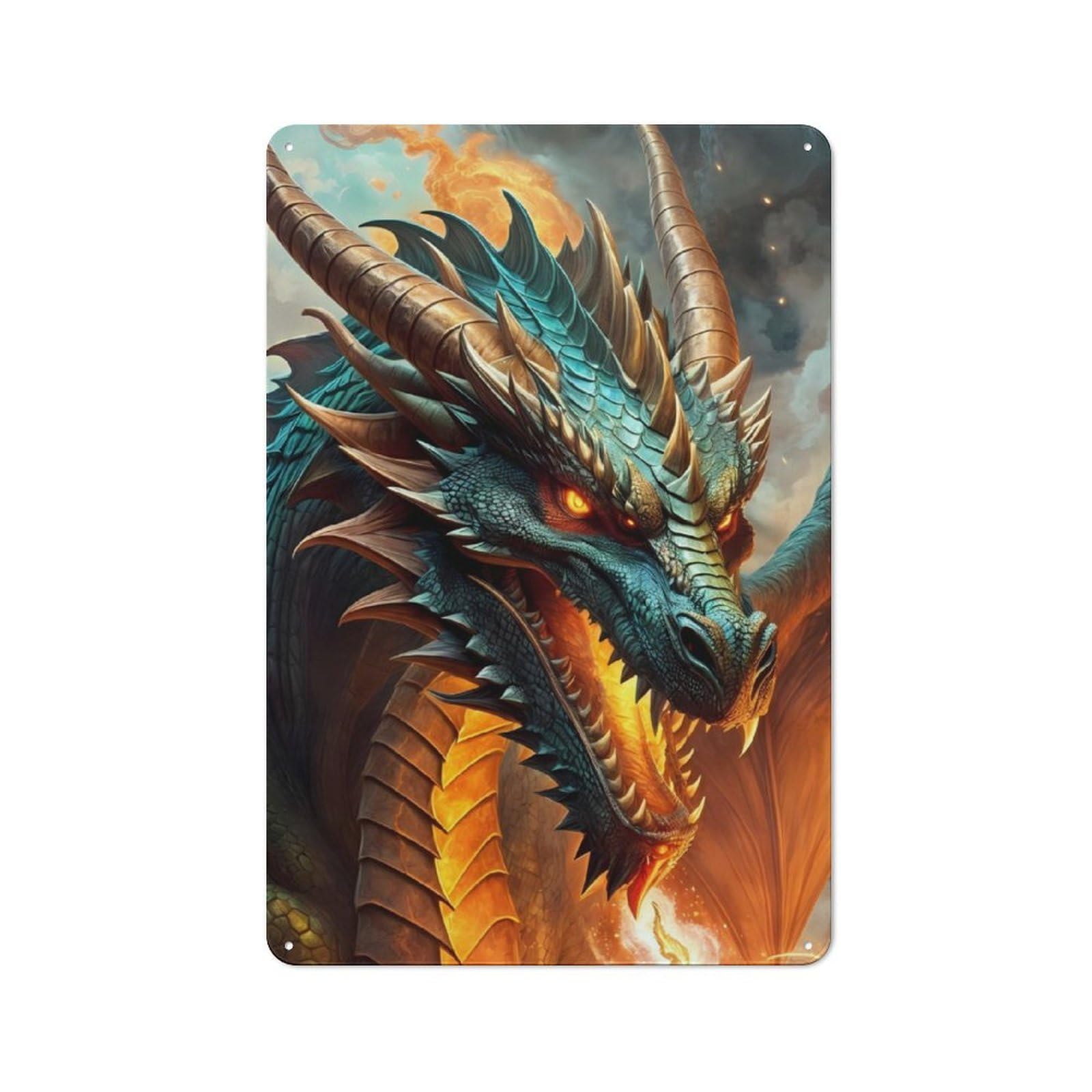 Metal Sign 30x20cm with Head Dragon Fire for Hallway Wall, Rustic Decor, for Wall Display Collectors