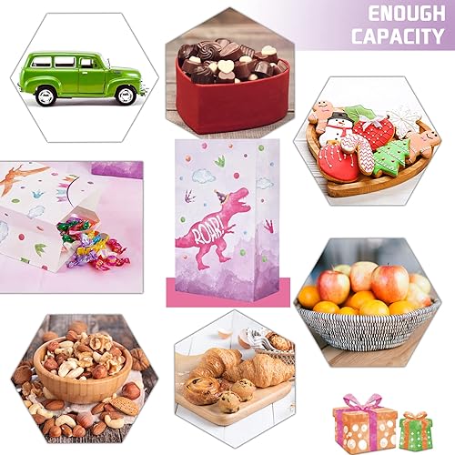 Miniatura 7 de WERNNSAI Bolsas de regalo de dinosaurios de acuarela, 24 bolsas de recuerdos de fiesta de dinosaurios rosas con calcomanías para niñas y niños,