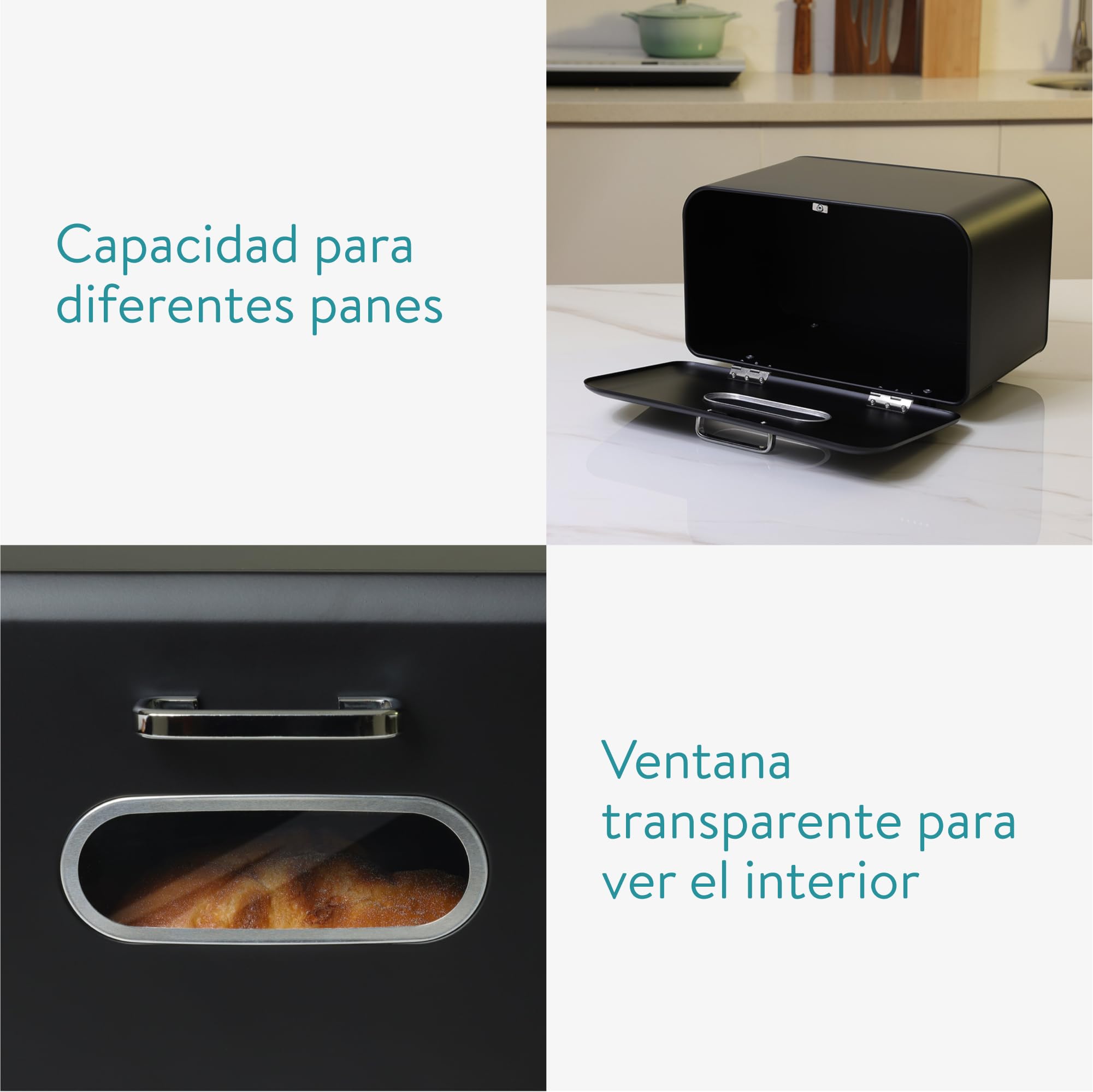 Navaris Paneras para Guardar el pan - Panera para Guardar Pan con Diseño Retro - Contenedor de Metal con Tapa y Ventana Frontal - Negro