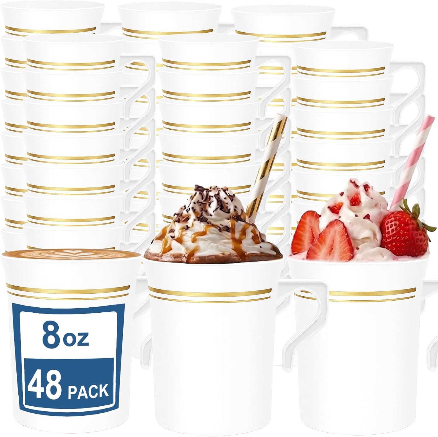 48 PCS Plastic Coffee Cups with Handle, 8 oz Disposable Gold Rimmed Coffee Mugs, Disposable Tea Cups Espresso Beverage Plastic Mugs, Perfect for Weddings Cafe Bridal Shower Engagement Party