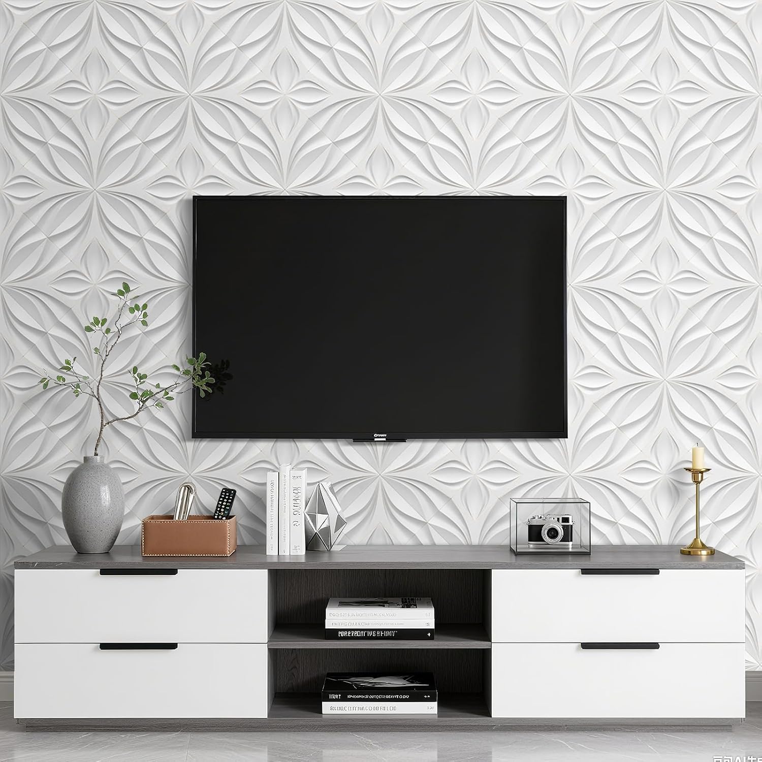FunStick 17.5"x354" White Peel and Stick Wallpaper Non Textured Faux 3D Geometric Wallpaper for Bathroom Living Room Accent Wall Panels Ceiling Tiles Self Adhesive Vinyl White Contact Paper Waterproof