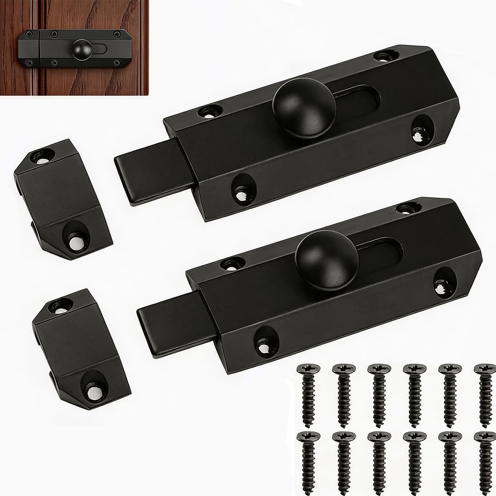 2 Pack Heavy Duty Door Locks, Garden Gate Latch, 4 Inch Slide Door Bolts, Black Bolt Lock, Zinc Alloy Anti-Rust Door Lock Bolt, Hardware Bolts for Doors for Bedroom, Bathroom, Garage and Garden