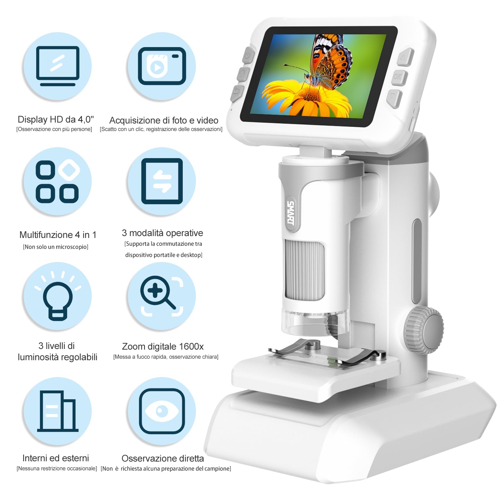 Microscopio Bambini Ingrandimento 1600X, 4,0" IPS Microscopi Portatili, Microscopi Digitali con Foto e Video, 32GB, Vetrini, 6 LED Regolabili, Kit didattici per microscopi per Iniziare