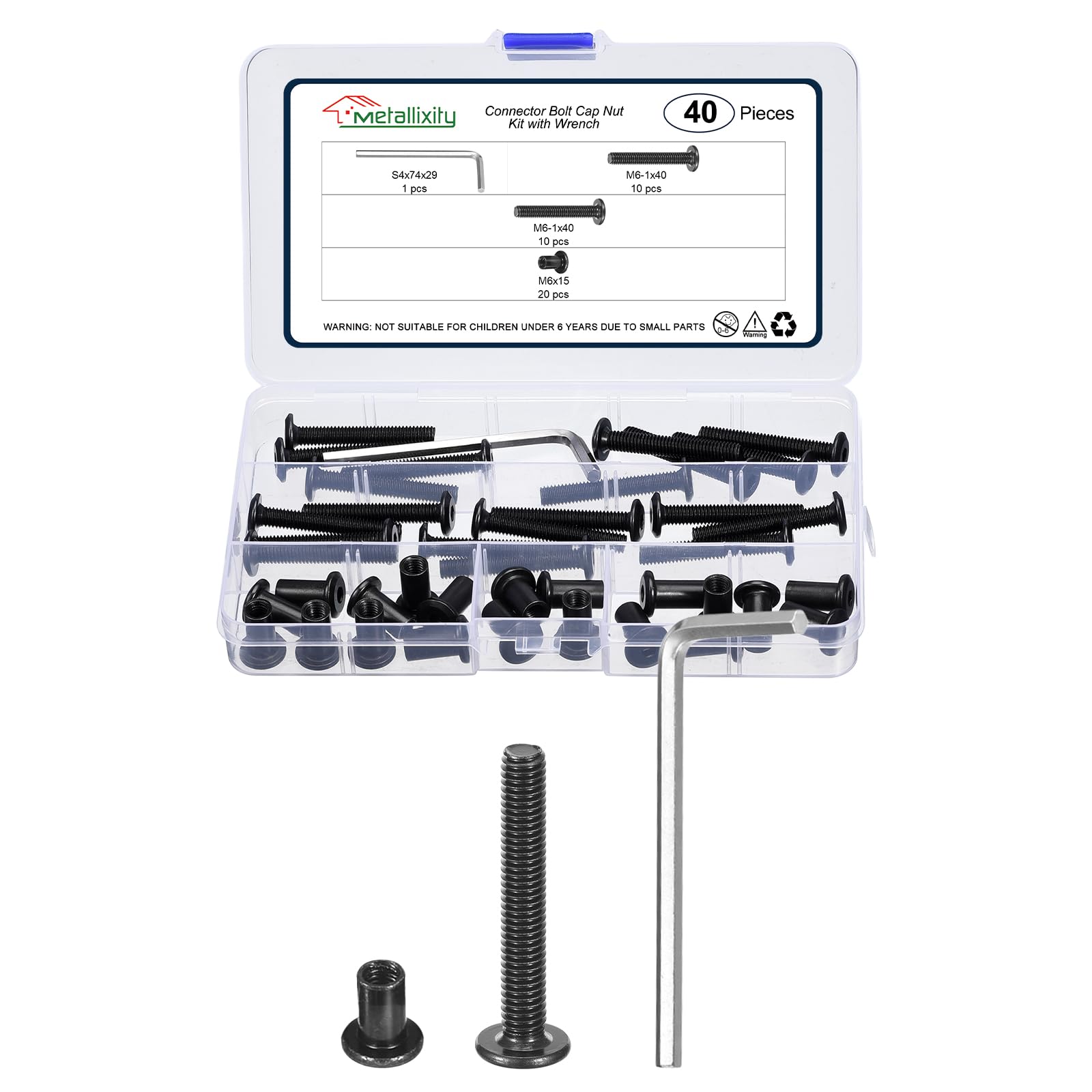 METALLIXITY Furniture Crib Screws Replacement Set with Wrench(M6-1x40mm) 20Pcs, Connector Bolts M6 Screw Barrel Nuts Binding Screws, for Chair Cabinet Bed, Black