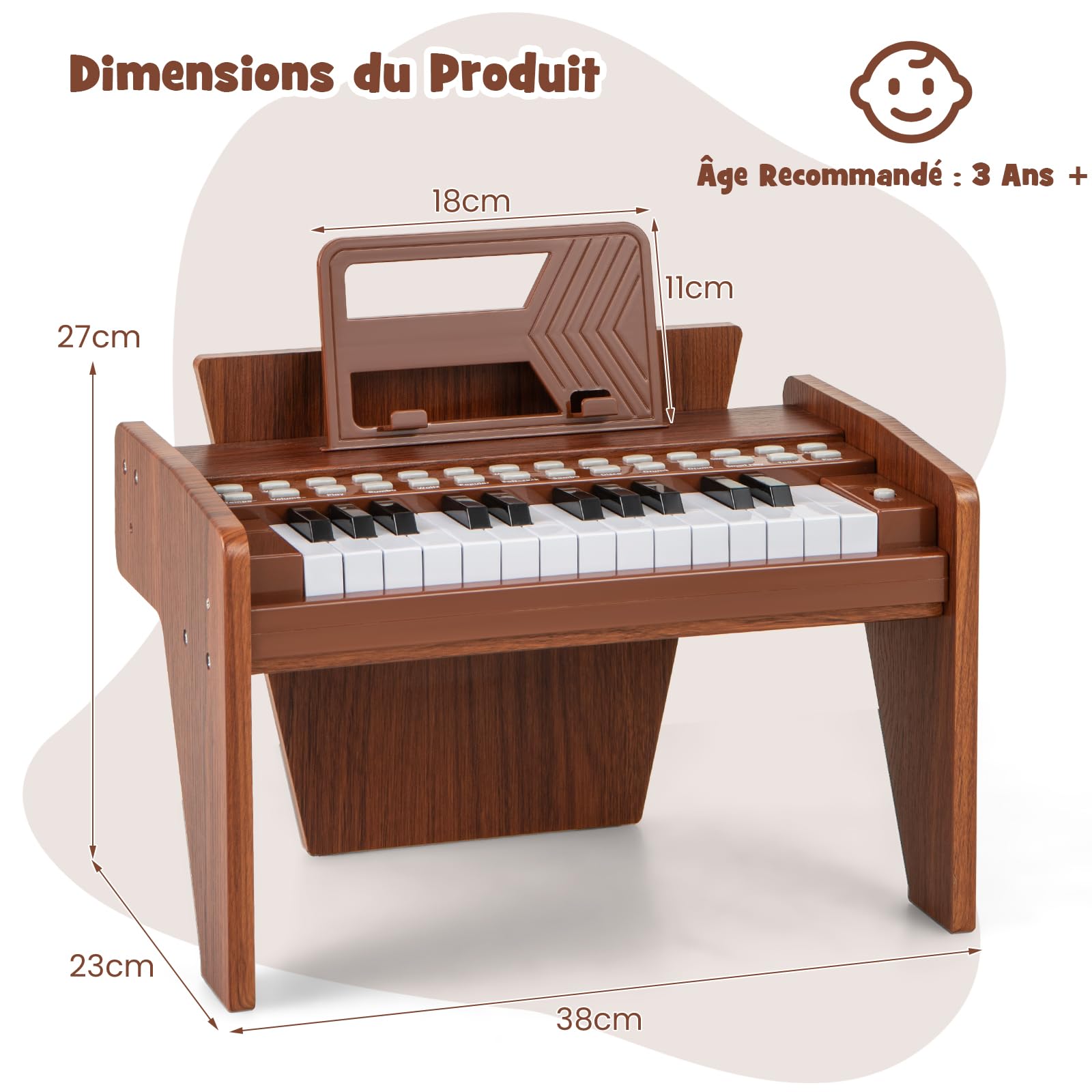 DREAMADE Clavier 25 Touches, Piano Électrique pour Enfants avec 15 Démos, 6 Tonalités et 8 Percussions, Enseignement Guidé par Lumière avec Pupitre Amovible (Marron)