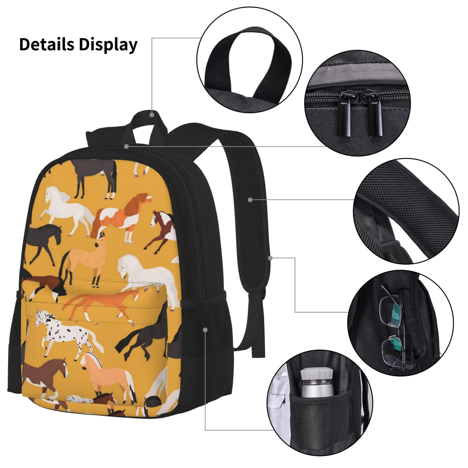 YSOLDA Juego de mochila, mochila escolar, mochila, juego de 3 piezas con bolsa de almuerzo, estuche para lápices,Varios tipos de caballos