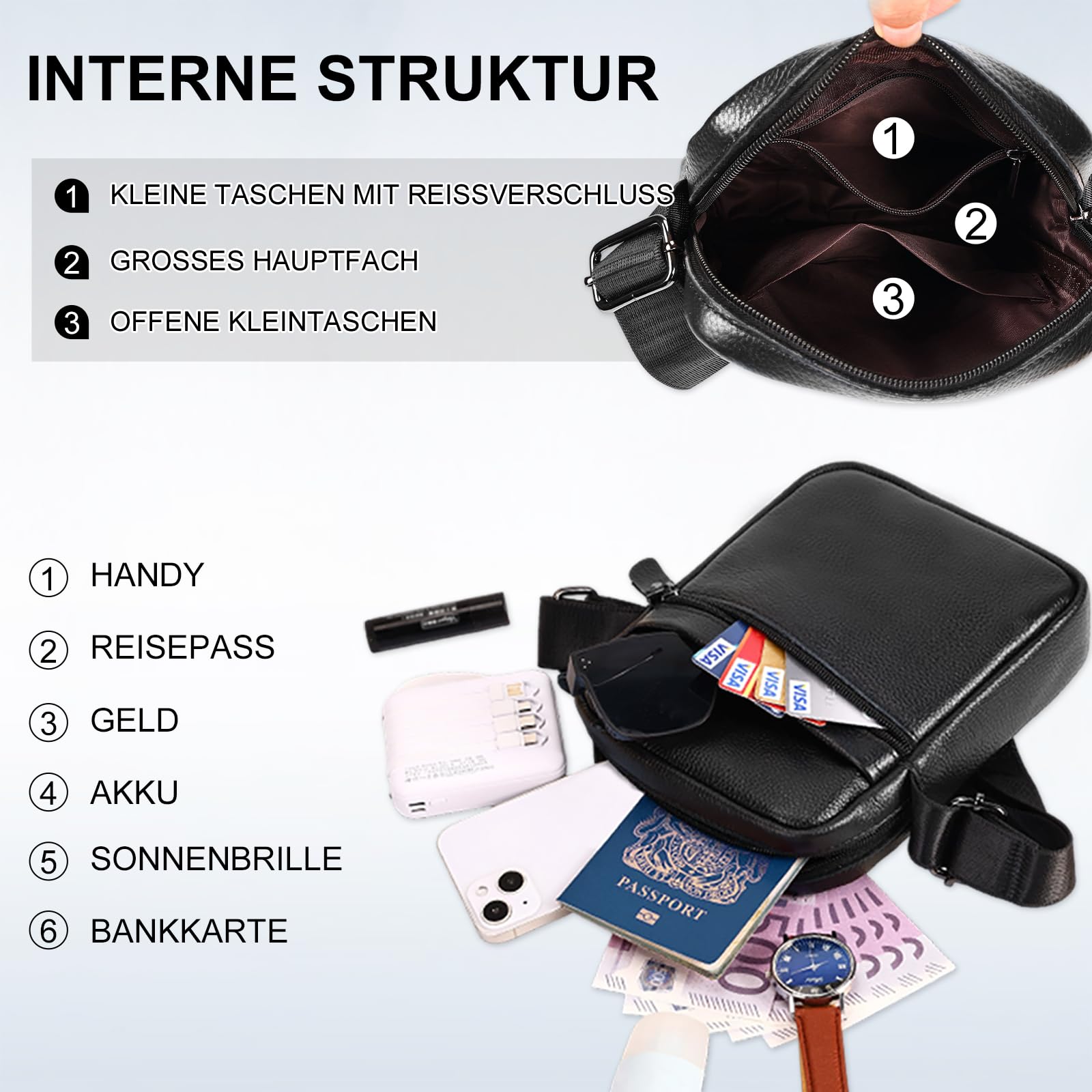 Leathario Herren Umhängetasche Leder，Schultertasche aus Echtem Leder，Herrentasche mit Großer Kapazität für Alltag Freizeit Arbeit