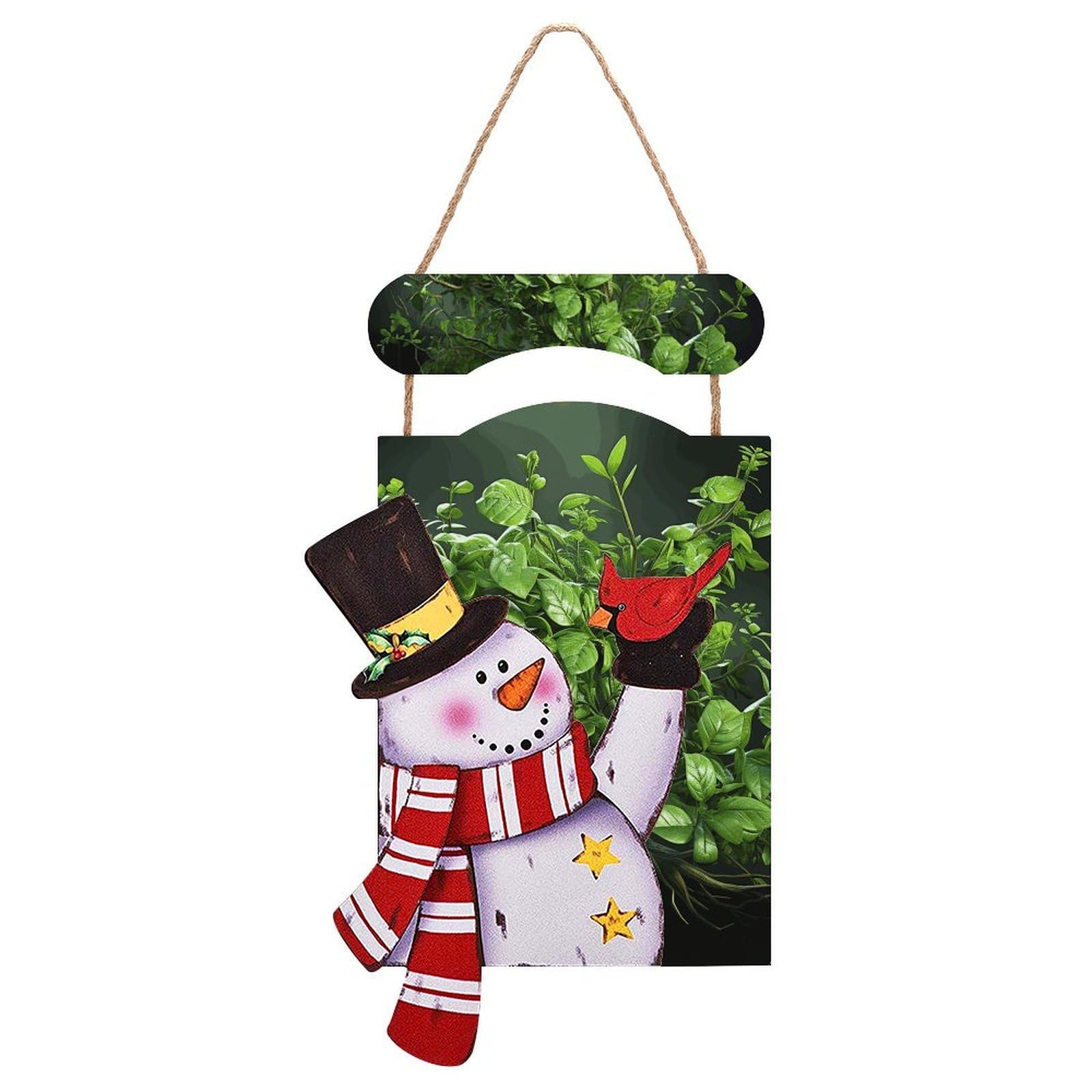 Green Leaves Snowman Sign Wooden Hanging Door Sign Christmas Door Decor Christmas Snowman Wooden Hanging Sign Wall Art for Indoor Outdoor Porch Wall