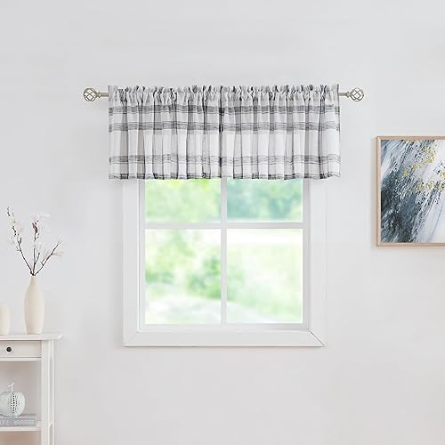 Dos paneles de cortina Randall de lino con diseño geométrico de cuadros para ventana, mezcla de lino, con ojales semitransparentes, estilo rústico,