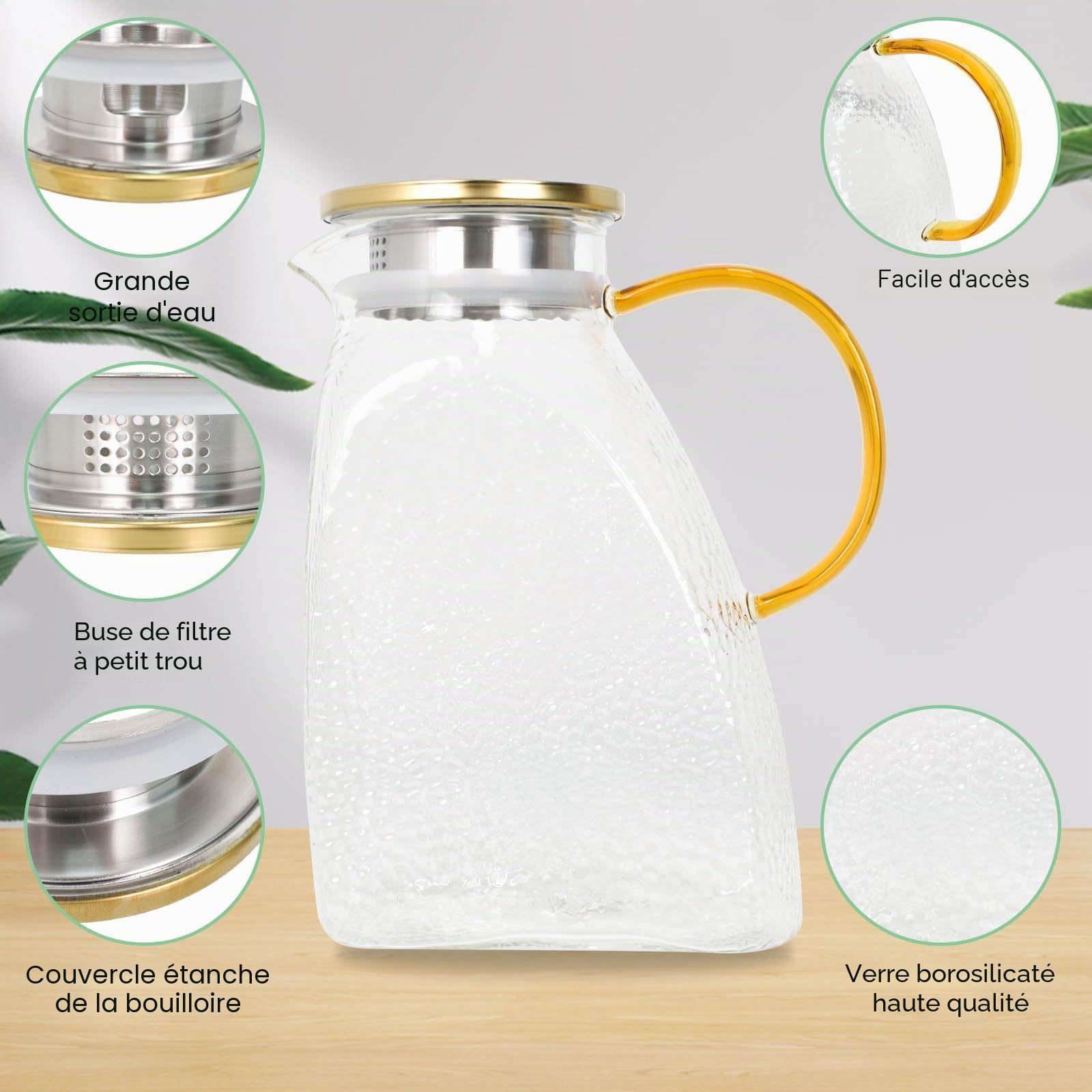 Carafe filtrante à eau pour réfrigérateur 1,8 litre - Carafe élégante en verre Borosilicate adaptée pour porte de réfrigérateur et anti-fuite