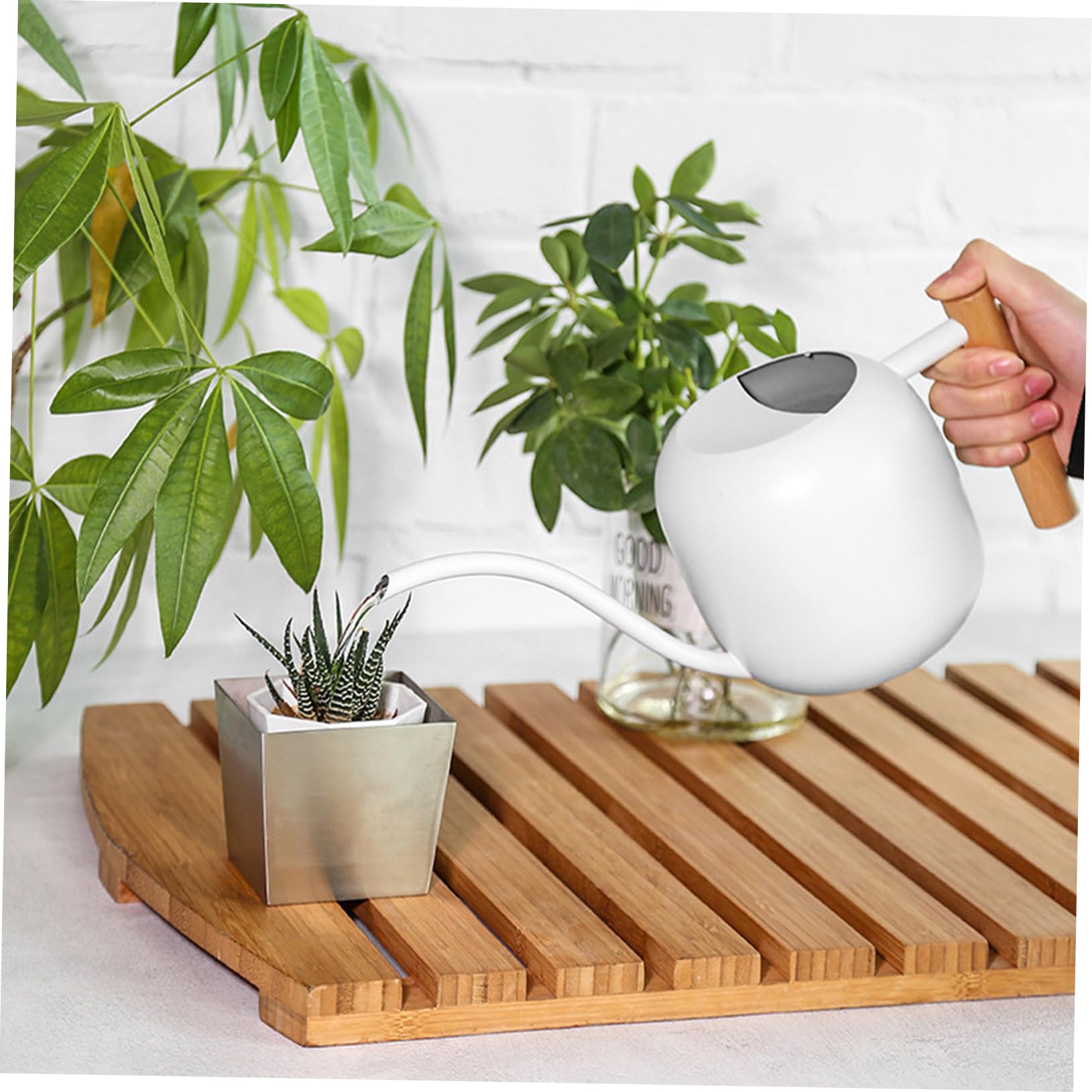 Gießkanne aus Edelstahl 1200ml mit Holzgriff, Weiß, Vintage | Pflanzen im Innenbereich und Garten, Ergonomischer Griff, Leicht Nachzufüllen