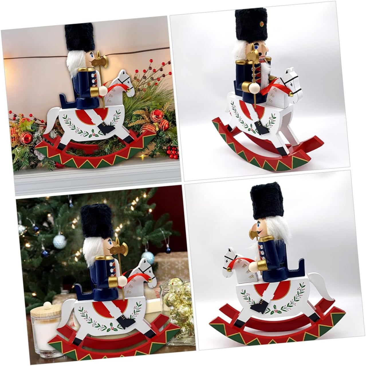 Large Wooden Rocking Steed Soldier Figurine Blue Classic Christmas Nutcracker Decoration for Home and Party Table Display