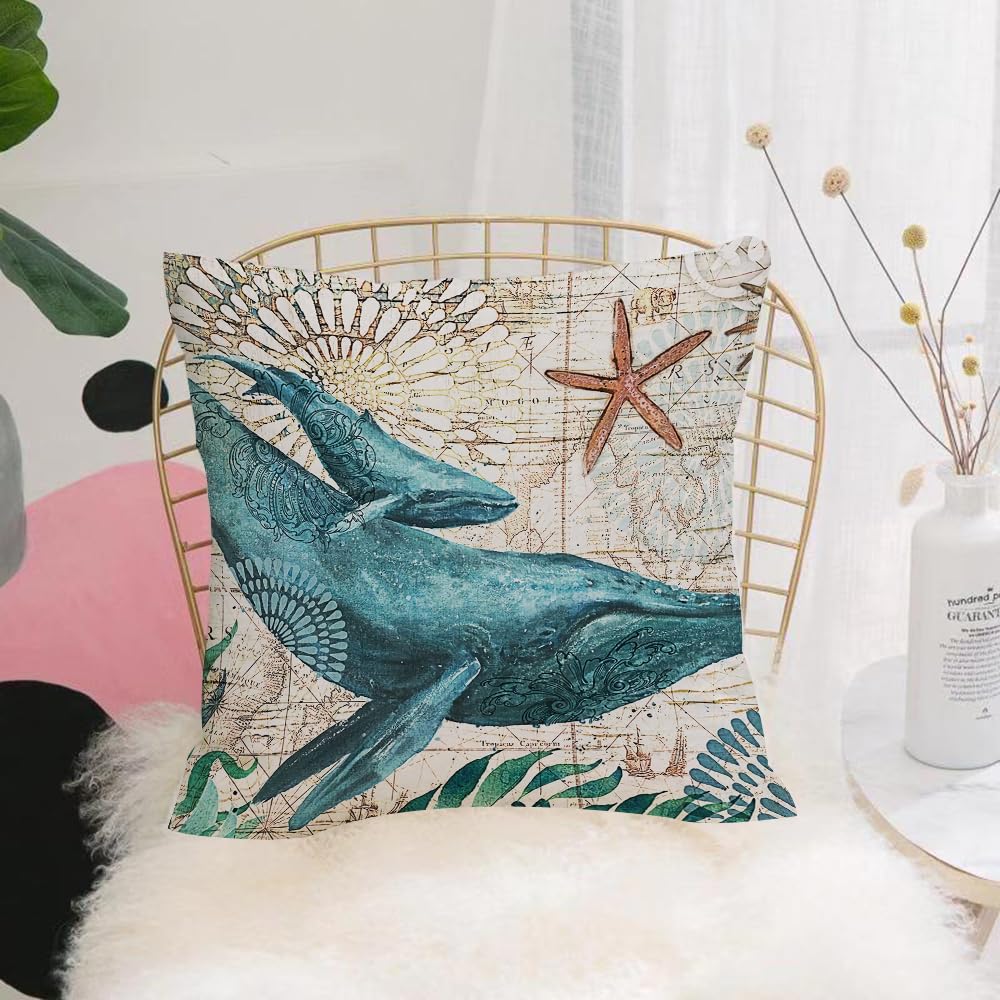 Hyosxw L Art, Whales With Ornate Patterns And Starf - A8 Cushion Cover,Throw Pillow Case Home Decorative For Living Room Bedroom Sofa Chair 18X18 Inch,L Art, Whales With Ornate Patterns And Starfish And Seaweed, On Map, Retro Map,Pillowcase 45X45cm
