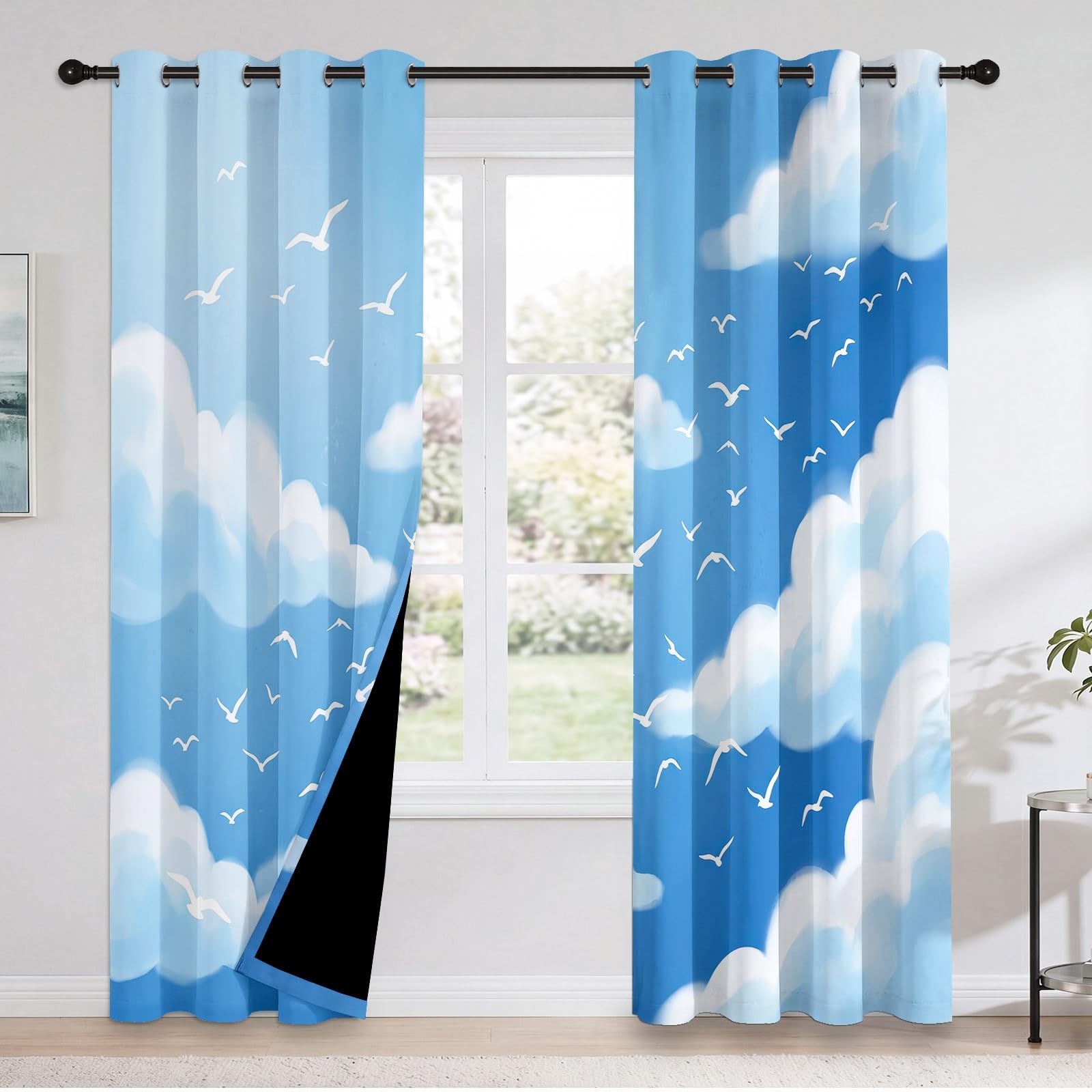 Générique Rideau Occultant Moderne Nordique, Ciel Nuages Oiseaux Motif Rideaux Thermiques à Oeillets, Rideaux Imprimé pour Salon Chambre Fenetre Moderne Décoration, 140 X 245 cm (LxH), Lot de 2