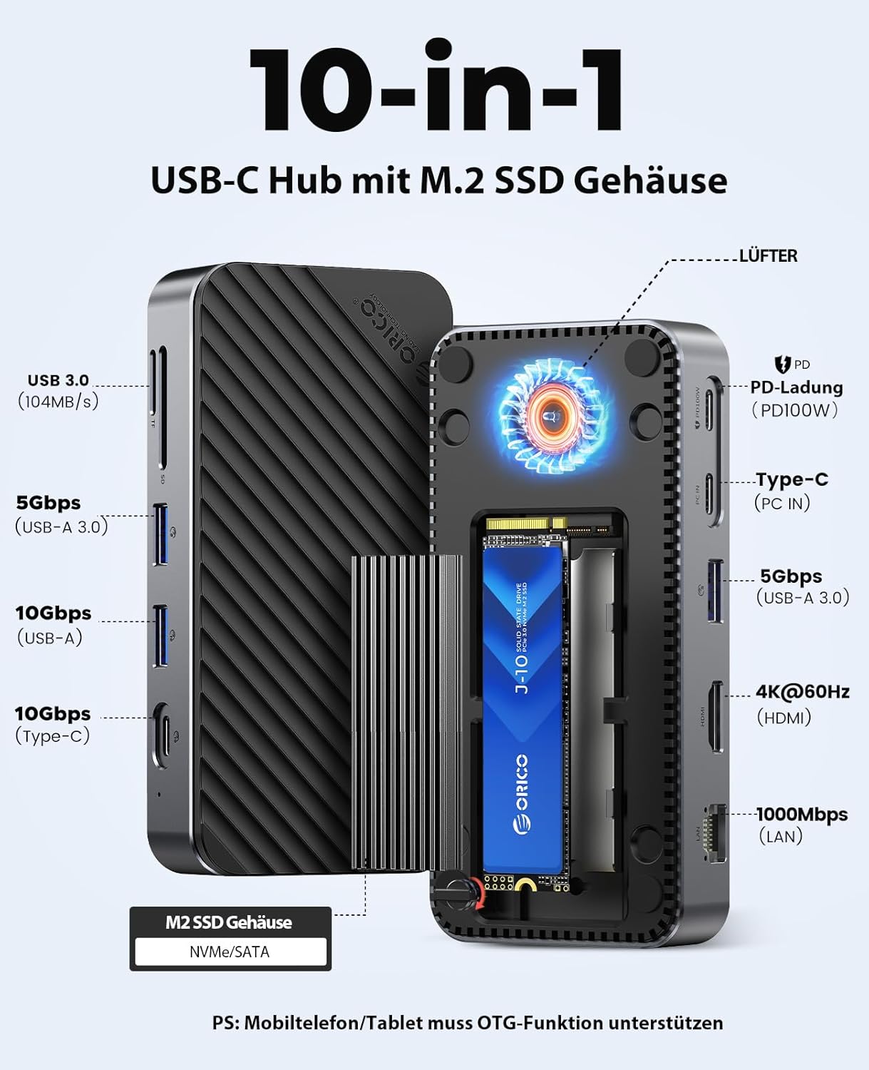 Concentrador USB C con carcasa NVMe M.2 SSD, ORICO 10 en 1, estación de acoplamiento USB C con ventilador integrado, 10 Gbps USB3.2 Gen2 M.2 NVMe/SATA adaptador SSD compatible 4K HDMI 100W PD, SD/TF 3