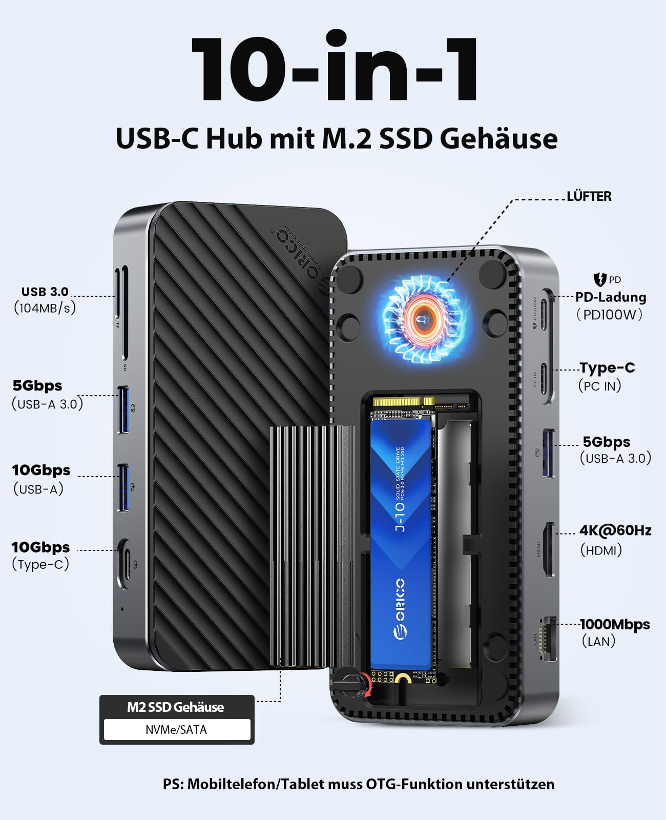 ORICO Stacja dokująca USB C 10 w 1 z blokadą M.2 SSD i aktywną dmuchawą chłodzącą – 10 Gb/s USB 3.2 Gen2, obsługa 4K HDMI, 100 W PD, SD/TF, Gigabit LAN DPM2P9