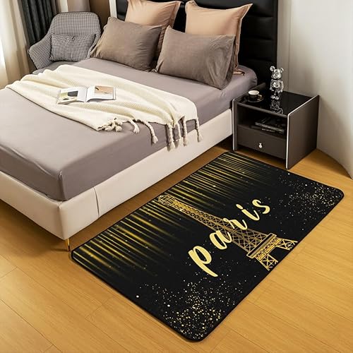 Miniatura 5 de jejeloiu Alfombra de sala de estar, 5 x 7 pies, para niñas y niños, alfombra decorativa de la torre Eiffel dorada, decoración romántica de París,