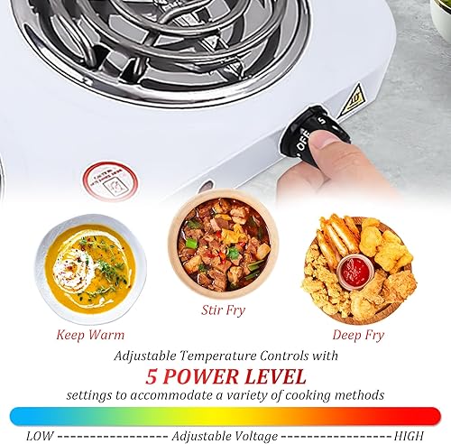 Miniatura 5 de Estufa eléctrica portátil, 2000 W de acero inoxidable doble quemador con placa caliente de bobina, control de temperatura de 5 niveles, luz