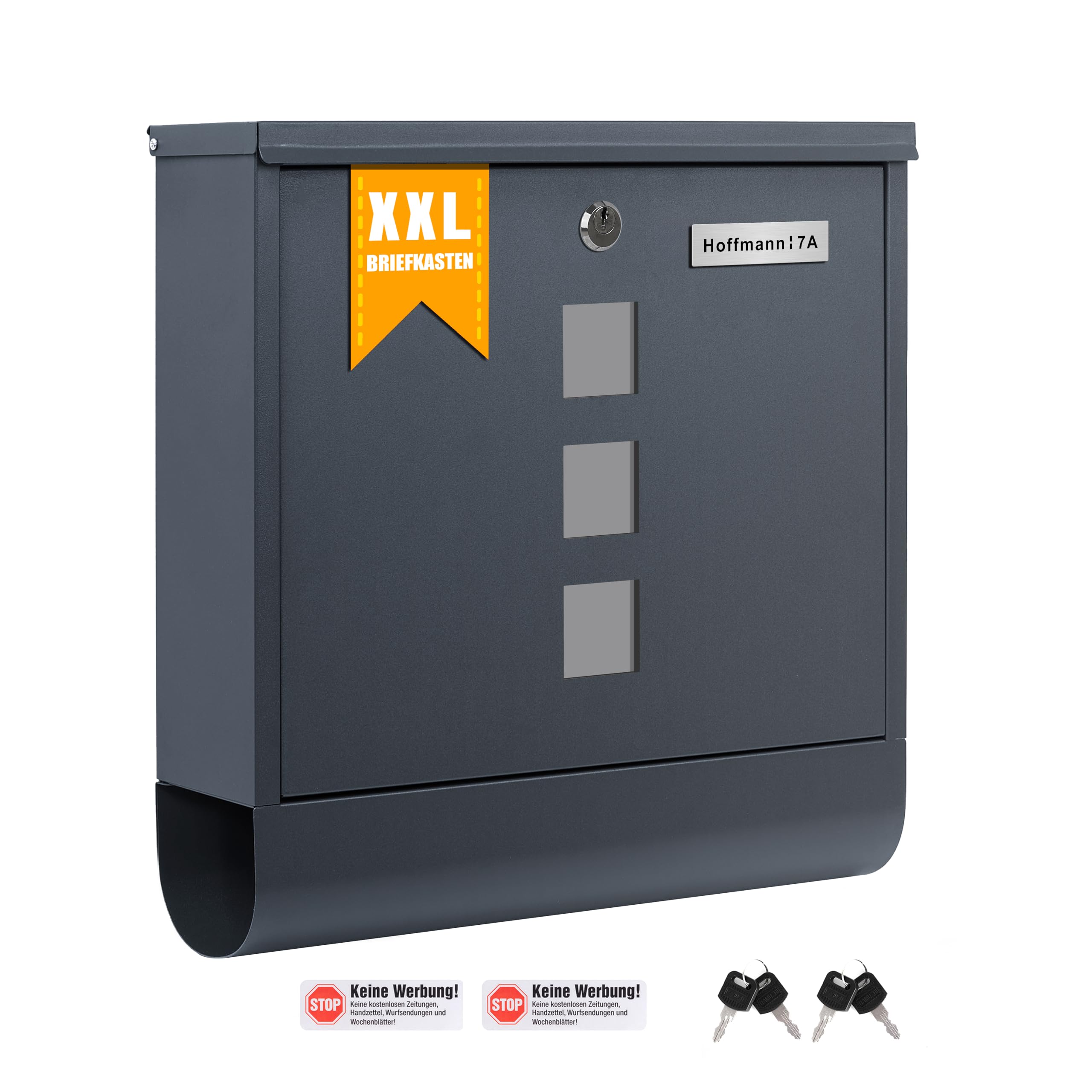 Zedelmaier XXL Personalisiert Briefkasten mit Edelstahl Namensschild 35 x 35 cm mit 4 Schlüsseln für B5&C4 Umschlag Postkasten Wandbriefkasten Mailbox Briefkästen mit Zeitungsfach RAL7016 Anthrazit