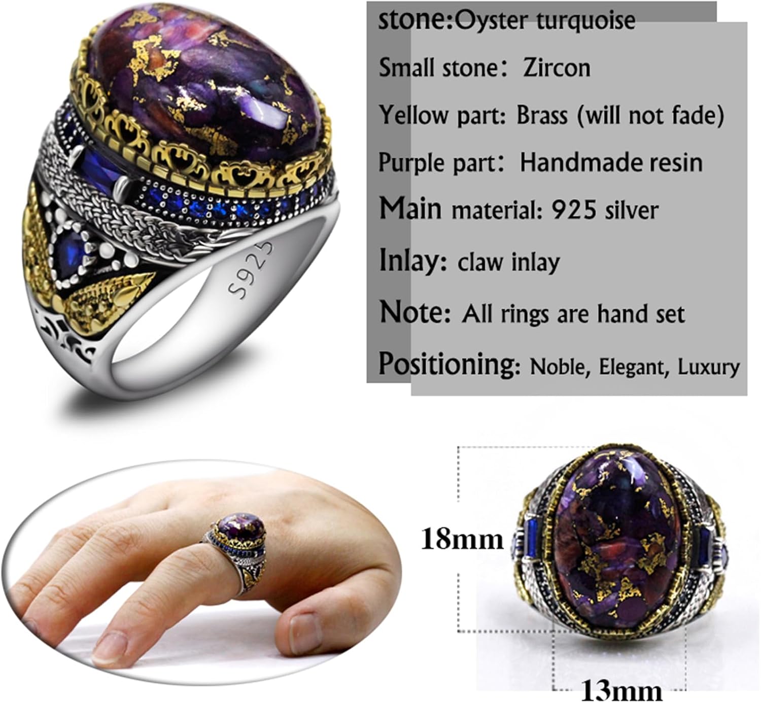 LovePlus Men's Oyster Blue Turquoise Ring -925 Sterling Silver Purple Gem Ring Handmade Fashion Türkiye Handmade Jewelry Band