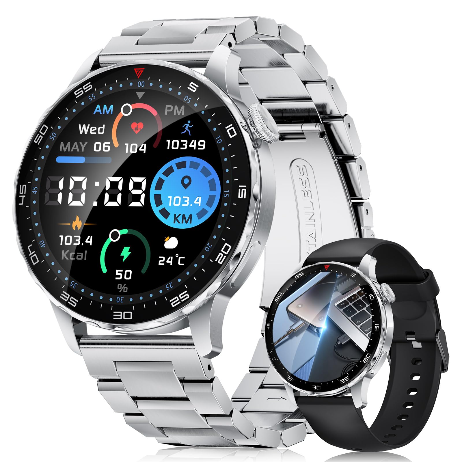 FITFLEX Orologio Smartwatch Uomo, 750mAh, 1.43" AMOLED, 120+ Sport, Argento | Smartwatch Uomo, Batteria 750mAh, Schermo AMOLED 1.43", Chiamate Bluetooth, 120+ Sport, Salute, 2 Cinturini, Comp Android/iOS