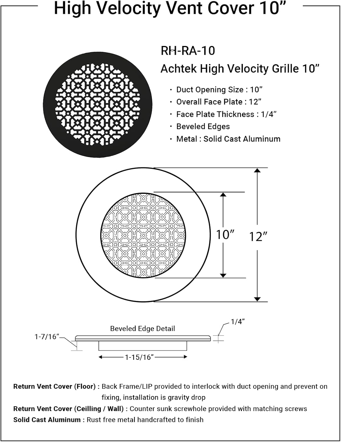 Achtek 10" Duct (12" Round Overall Size) Solid Cast Aluminum Round Grill | Powder Coated | for Floor-Black Without Screw Holes