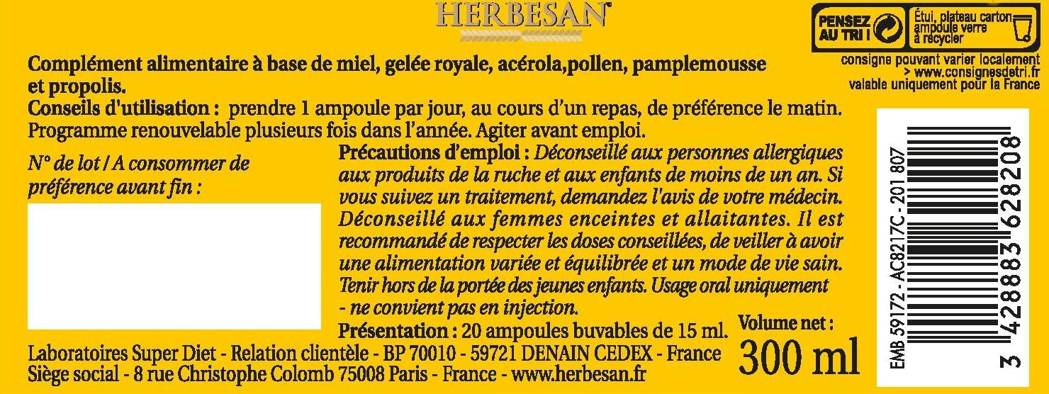 HERBESAN®- COMPLEXE VITALITÉ - Défenses immunitaire - Miel, Gelée Royale, Acérola, Pollen, Pamplemousse, Propolis - 20 ampoules de 10 ml (Lot de 2)