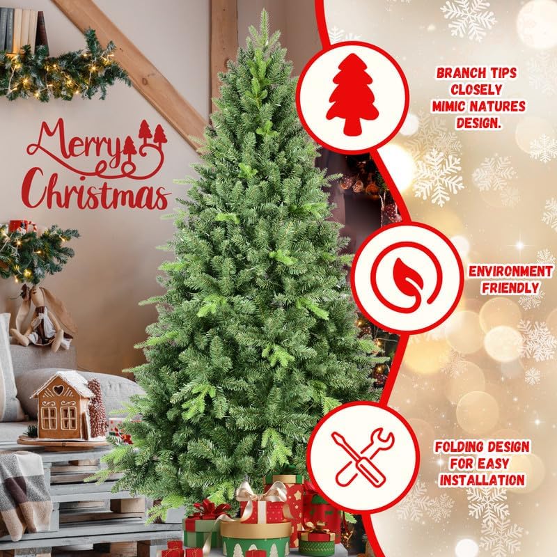 7.5FT Classic Christmas Tree with 2155 PE+PVC Tips – Realistic Hinged Branches, Easy Assembly, Stable Metal Stand, Full Natural Look for Holiday Decorating