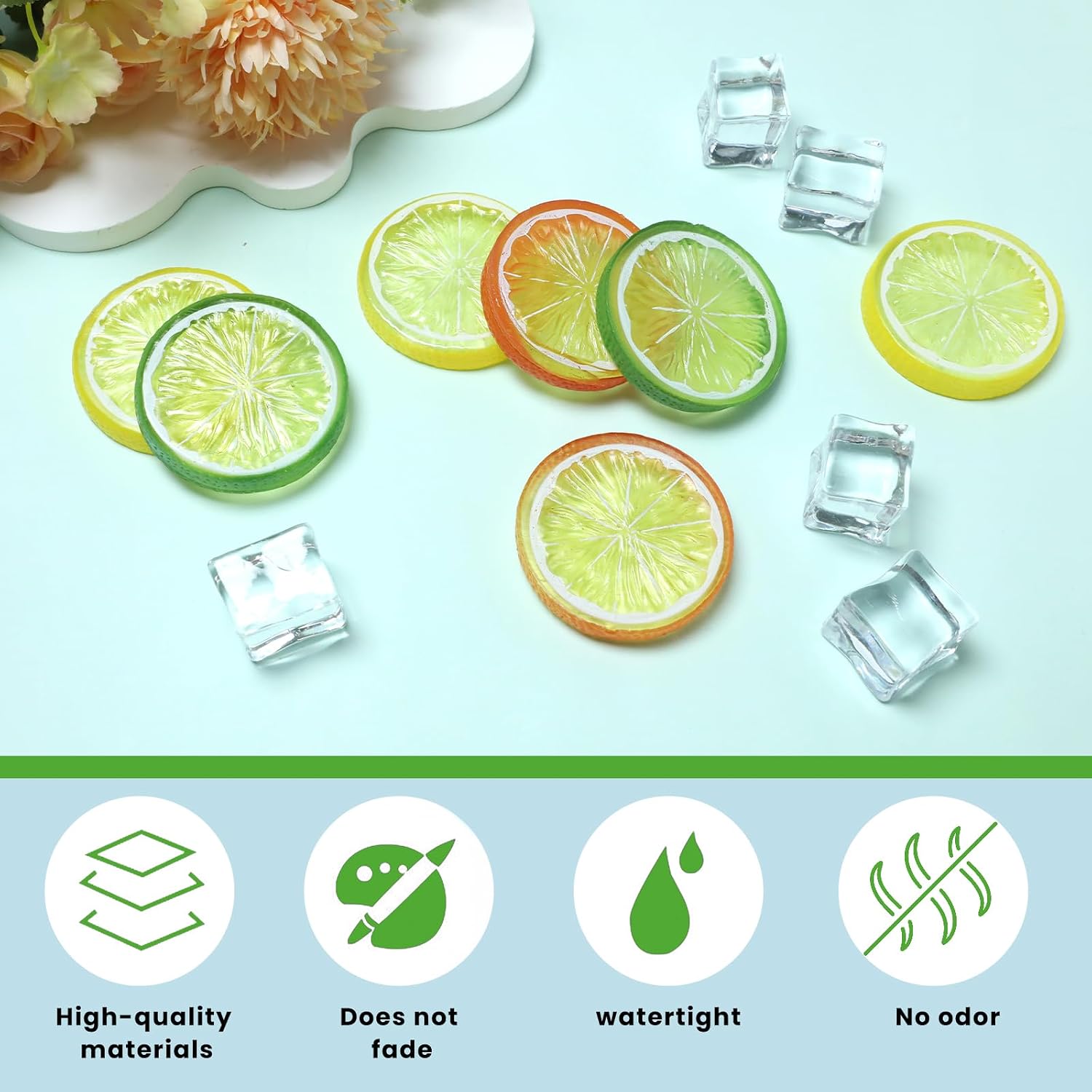 40 Pcs Artificial Fake Lemon Slices Fake Ice Cubes, 30 Pcs Simulation Lemon Slices 10 Pcs Faux Ice, Fake Fruit Model for Home Kitchen Office Table