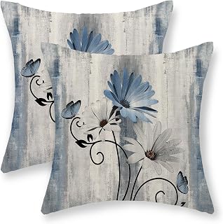 Blue Floral Pillow Covers 20x20 Inch Set of 2 Vintage Butterfly Daisy Flower Throw Pillow Outdoor Decorative Pillow Cases Linen Rustic Farmhouse Seasonal Decor Cushion Cover for Couch Home