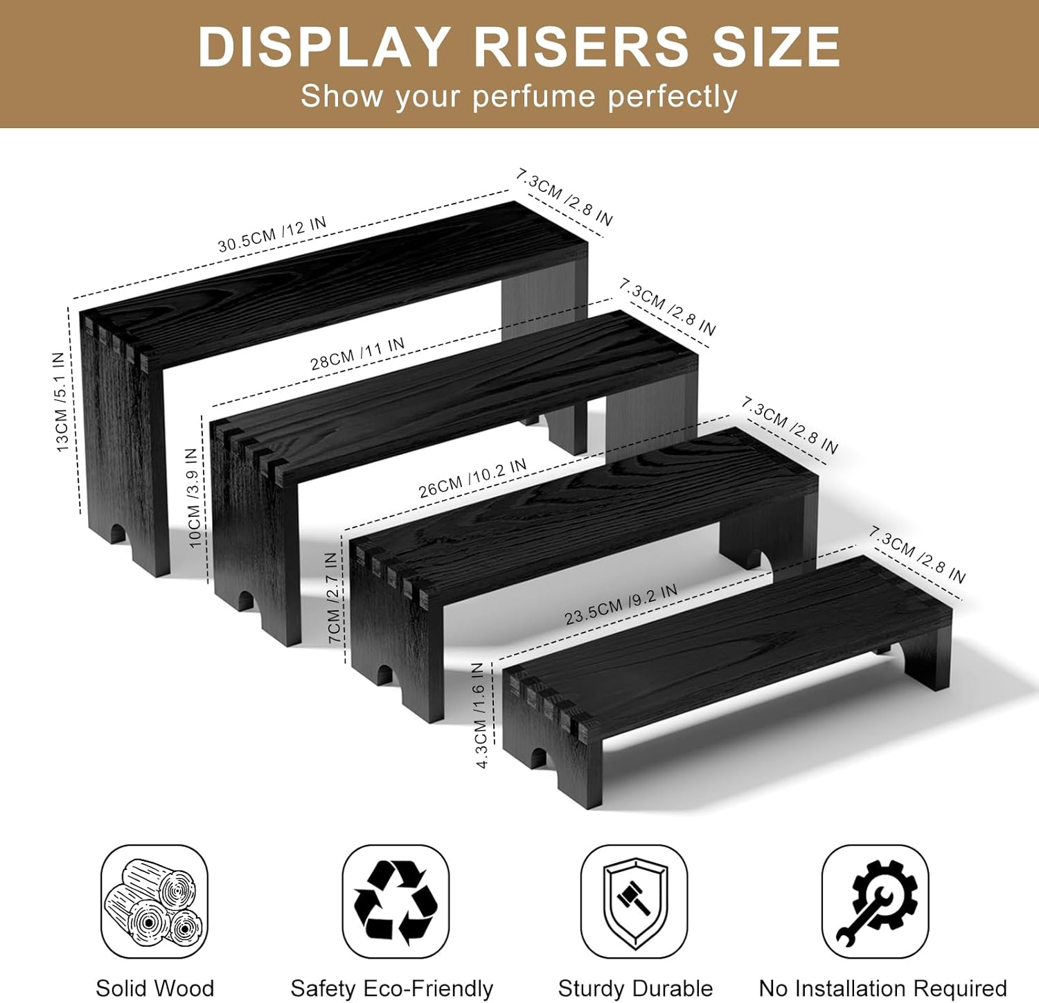 4 Set Large Black Wooden Tiered Riser Display Stands for Vendor Events,Stackable Wooden Cupcake Stand,Farmhouse Decor Wood Dessert Table Display Set,Vendor Booth Display Items,Food Display Risers for Party（12-11.2-10.4-9.6IN）