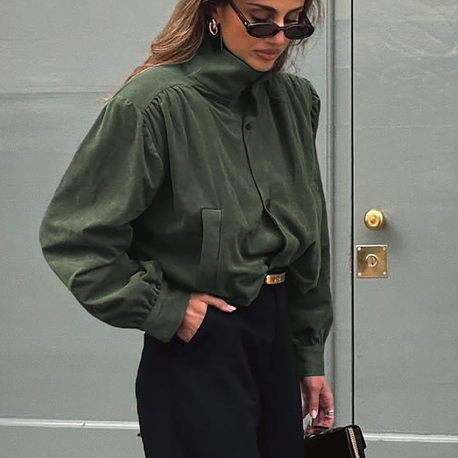 Xunger Women's Faux Suede Gathered Jacket Casual Stand Collar Cropped Coat Long Sleeves Loose Fit Outerwear with Pockets