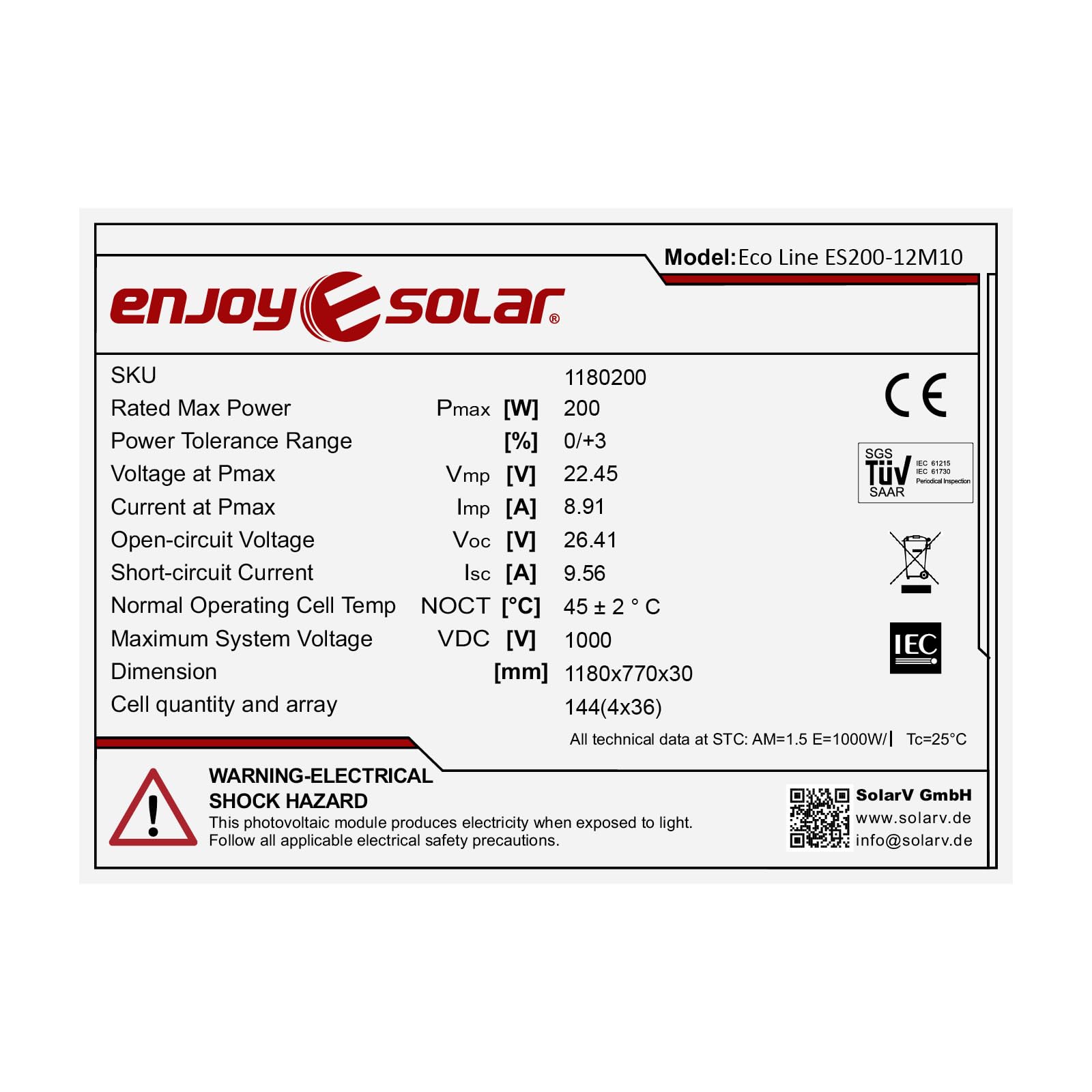 enjoy solar® Pannello solare monocristallino 200W 12V con tecnologia HPBC – Alta efficienza 25%, celle solari da 182mm, Full Black, ideale per camper, balcone, casetta da giardino e barca