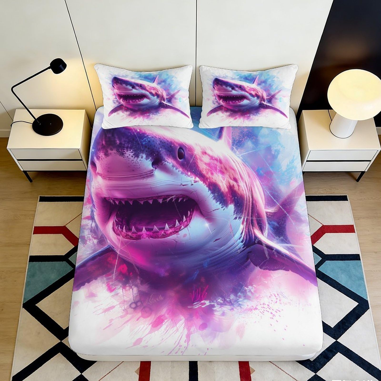 3D Printed Neon Shark Fitted Sheet Microfiber Soft Waterproof Ocean Splash Bed Cover for Bedroom Dorm Decor 90x200x25cm