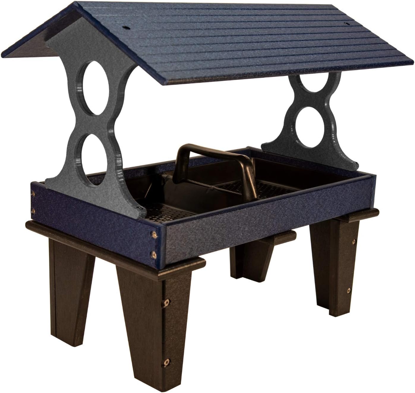 JCs Wildlife Large Ground Fly Thru Bird Feeders - Holds 8 Cups of Seed - Removable Tray Makes Cleaning Easy - Covered Platform Bird Feeder - Blue and Gray