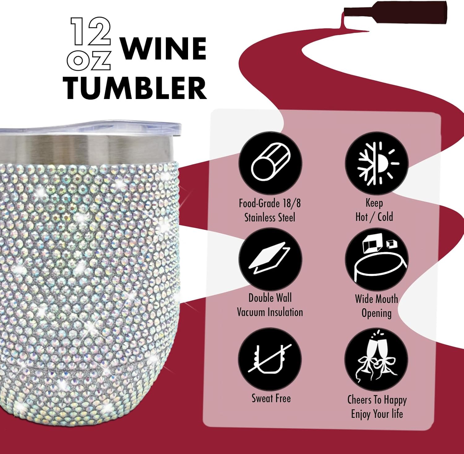 12 oz Bling Wine Tumbler with Lid Rhinestone Insulated Wine Glass Tumbler Double-Wall Vacuum Stainless Steel Coffee Mug Sparkly Travel Cup for Beer Champaign Cocktail (White AB)