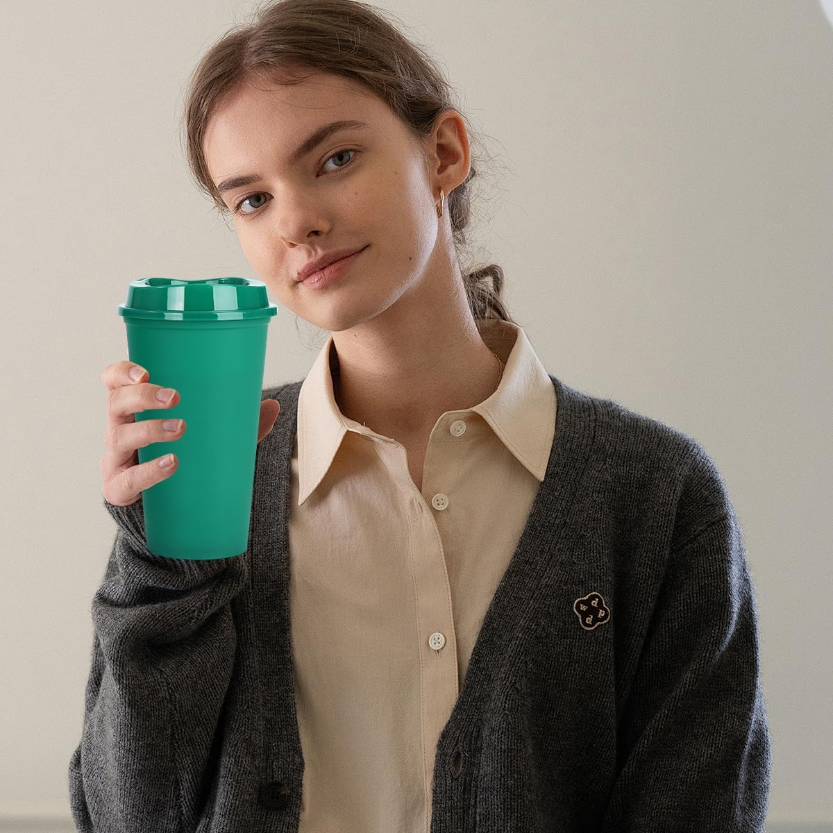 20 Pack Reusable Coffee Cups with Lids 16 oz Plastic Tumblers Travel Mug Iced Coffee Cup for Adults and Women Hot and Cold Drinks, Microwaveable(Greens) - Image 3