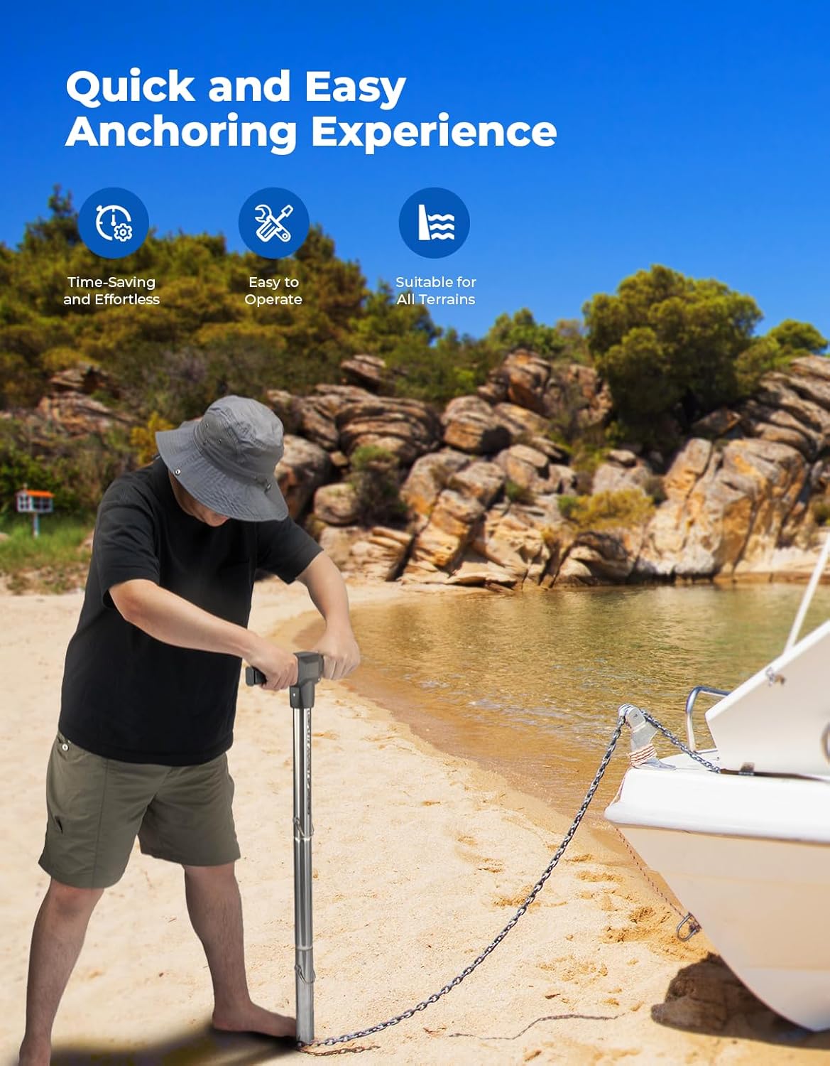 KEMIMOTO Jet Ski Anchor Shallow Water Anchor Pole for Kayak Pontoon PWC 3ft Stainless Steel Heavy Duty Boat Anchor Sand Anchor Kit Accessories Easy Storage